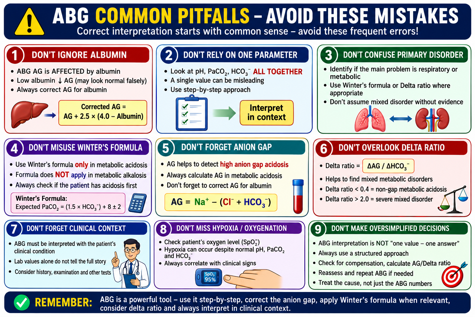 Common ABG interpretation pitfalls including ignoring pH PaCO2 anion gap oxygenation and clinical context
