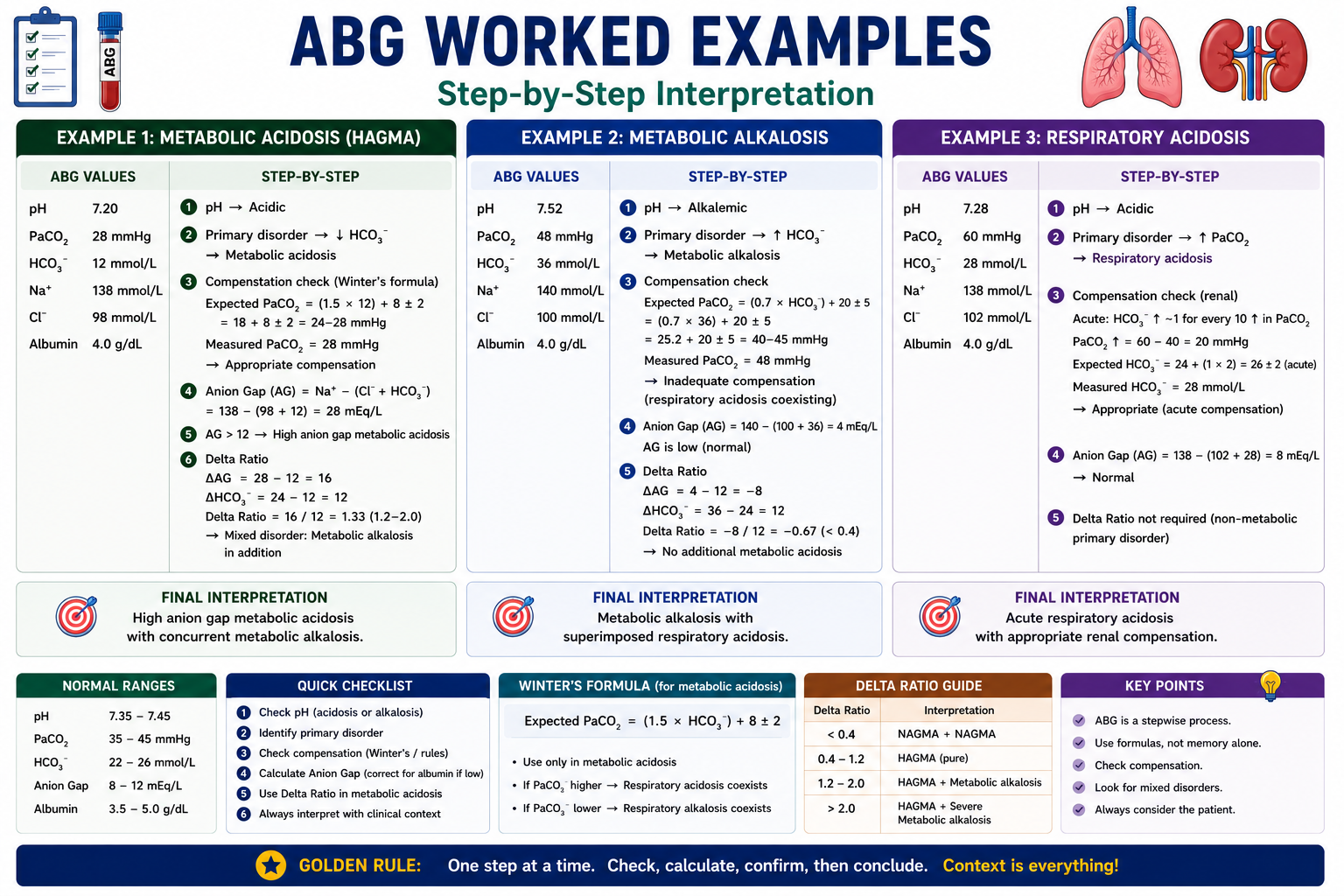 Worked ABG examples including DKA sepsis COPD vomiting panic attack salicylates and mixed disorders