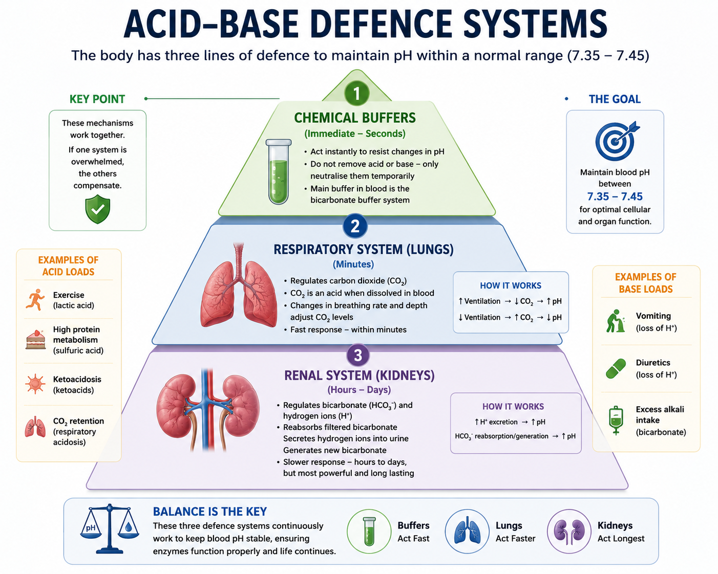 Three-level acid-base defence pyramid showing buffers lungs and kidneys