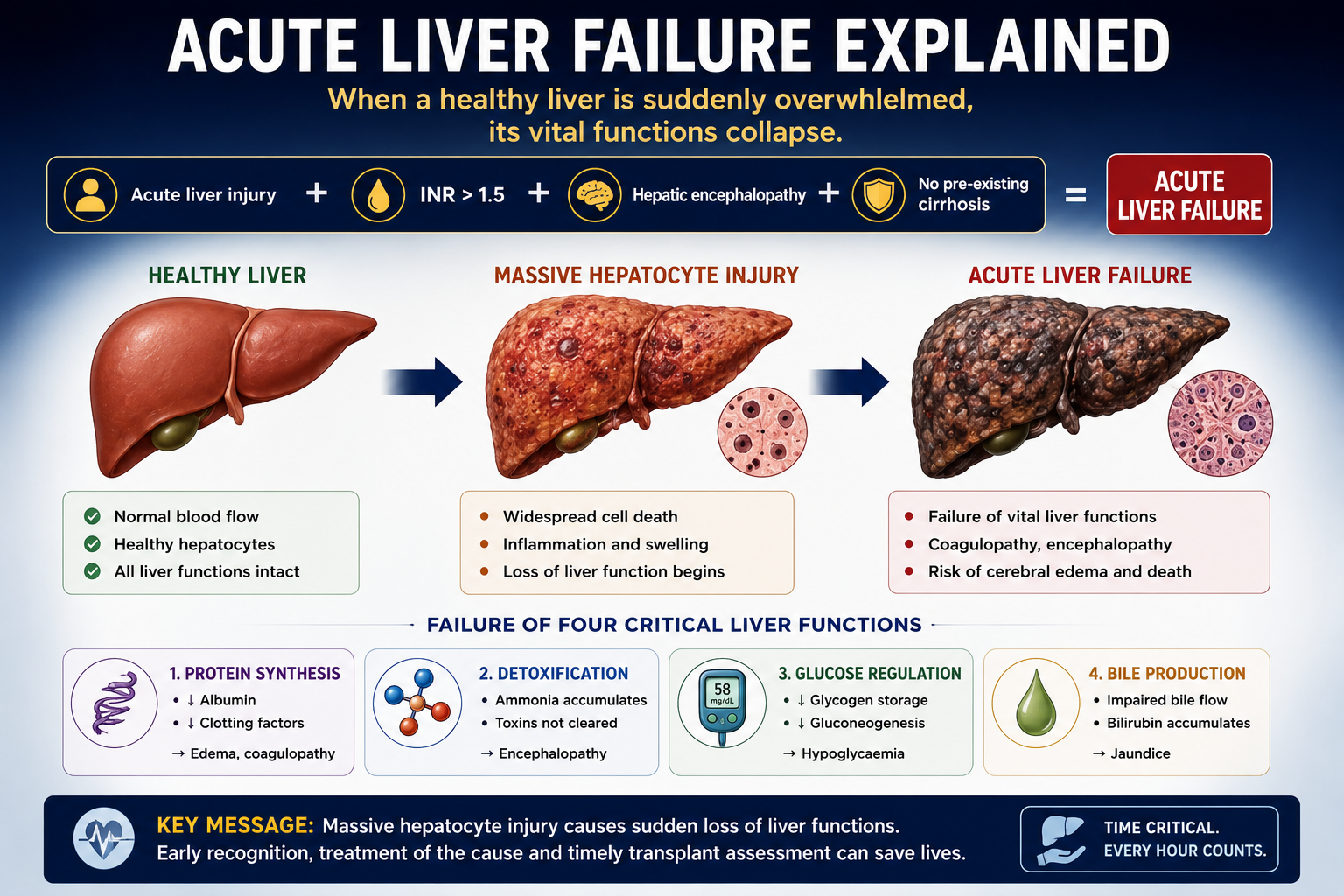 Acute liver failure overview showing massive hepatocyte injury causing coagulopathy encephalopathy hypoglycaemia cerebral edema and transplant assessment