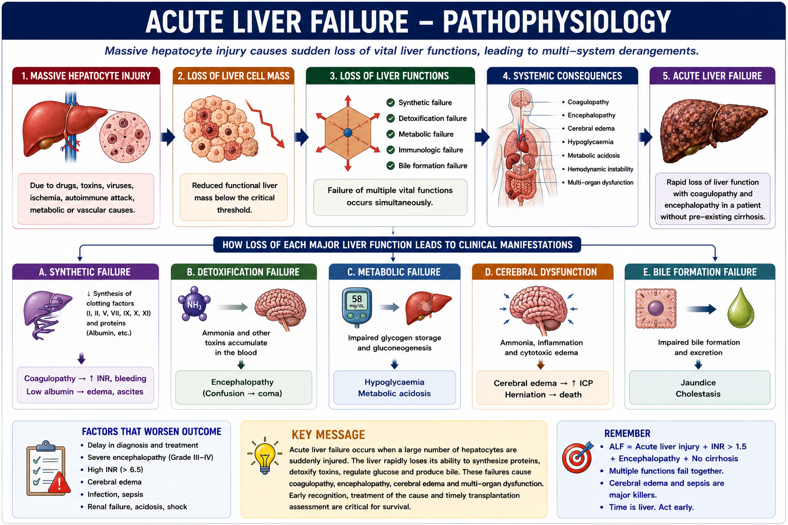 Pathophysiology of acute liver failure showing massive hepatocyte injury and loss of synthesis metabolism and detoxification