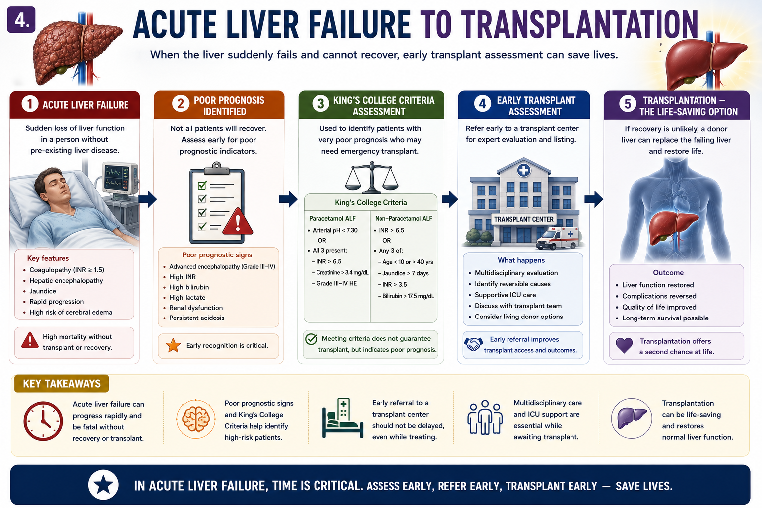 Acute liver failure transplant pathway showing poor prognosis King College Criteria and urgent transplant assessment