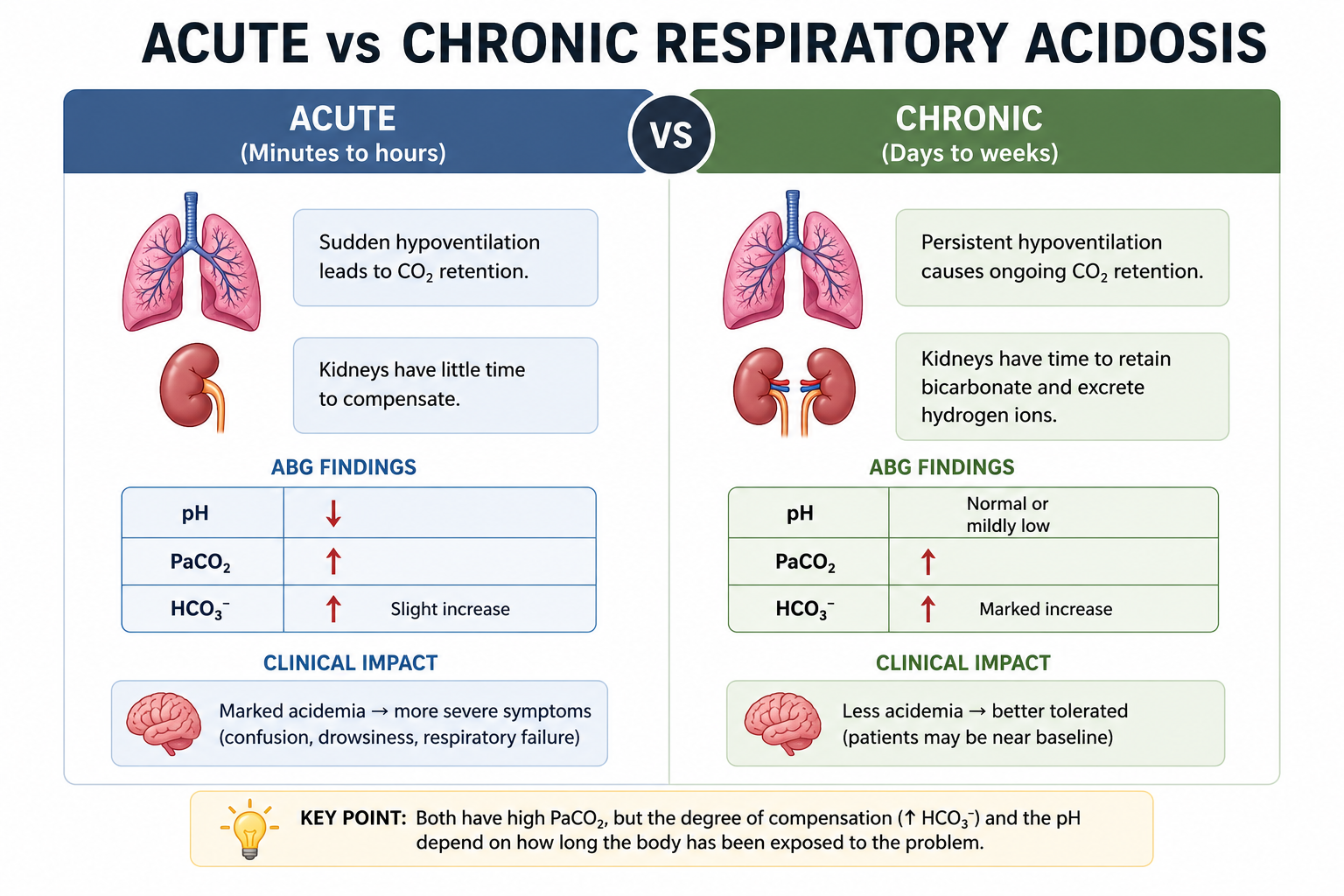 Comparison of acute and chronic respiratory acidosis showing renal compensation and bicarbonate changes