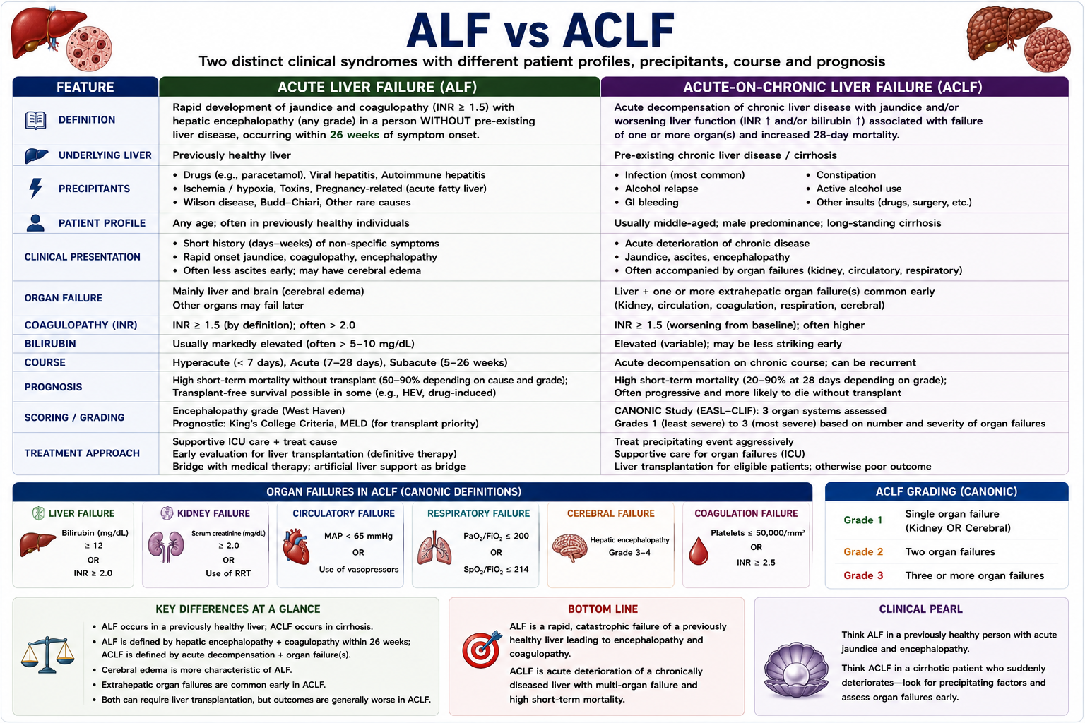 Comparison of acute liver failure and acute-on-chronic liver failure showing no cirrhosis versus pre-existing cirrhosis