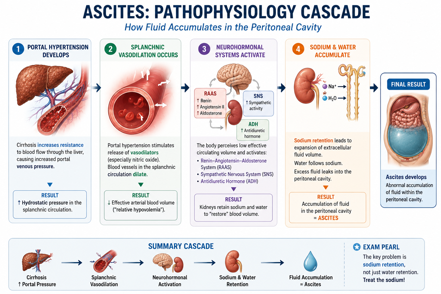 Flowchart showing the four-step pathophysiology of ascites from cirrhosis through portal hypertension splanchnic vasodilation RAAS activation to ascites formation