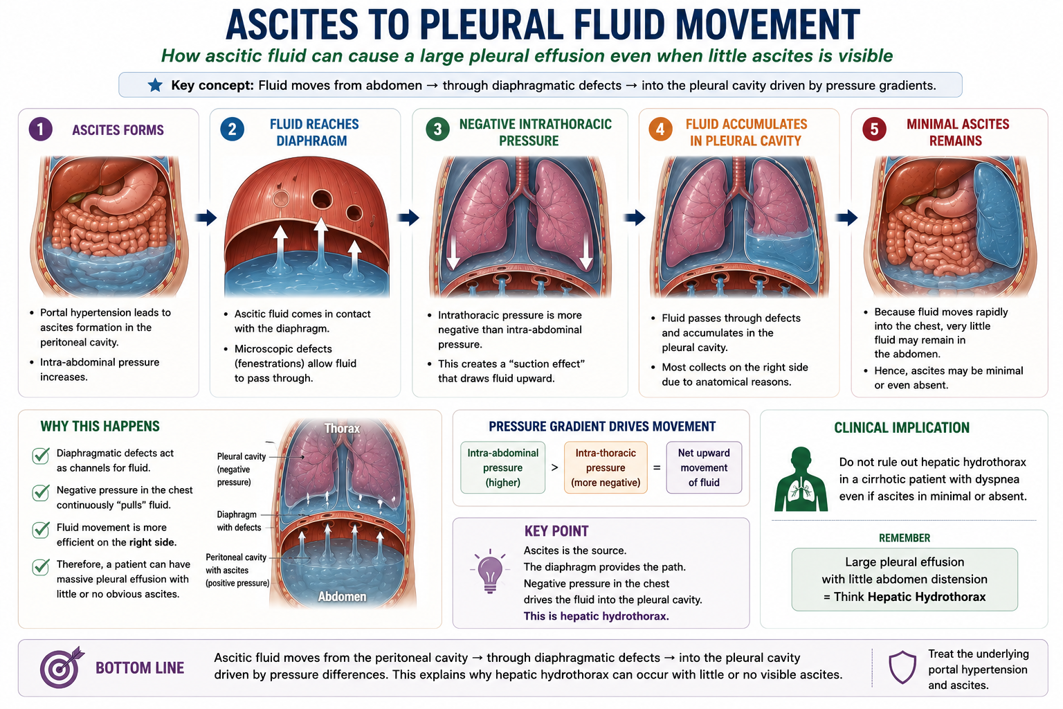 Diagram showing rapid transfer of ascitic fluid through diaphragmatic defects into the pleural cavity leaving minimal residual ascites in the abdomen despite a large hepatic hydrothorax