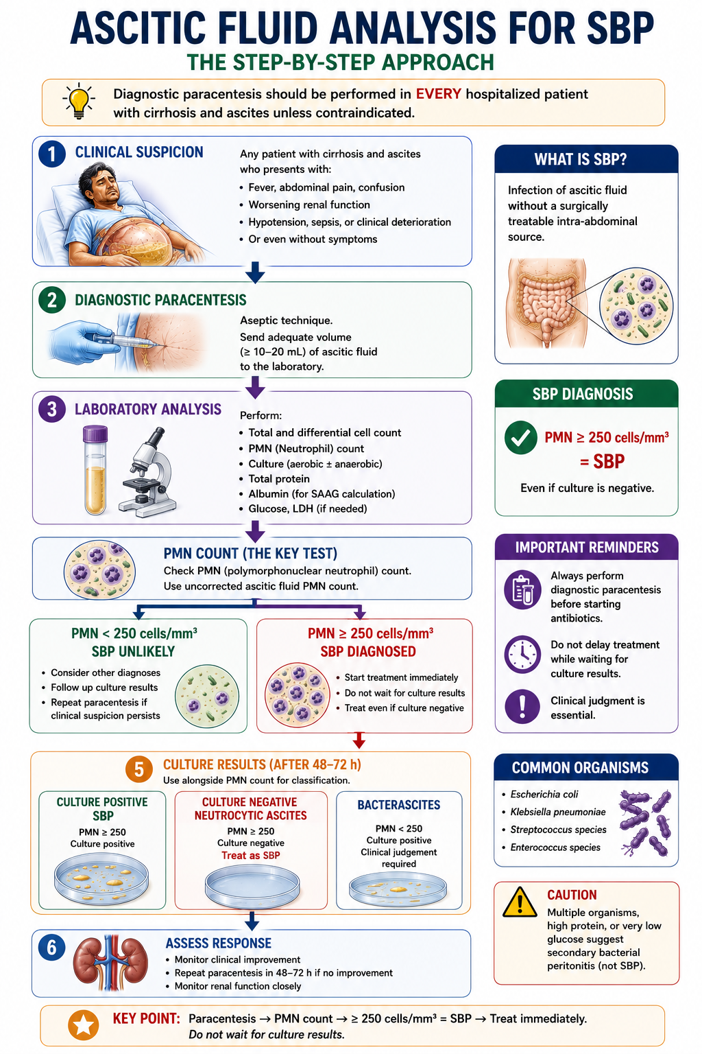 Flowchart showing the stepwise approach to diagnostic paracentesis for SBP from ascites to cell count PMN count and diagnosis