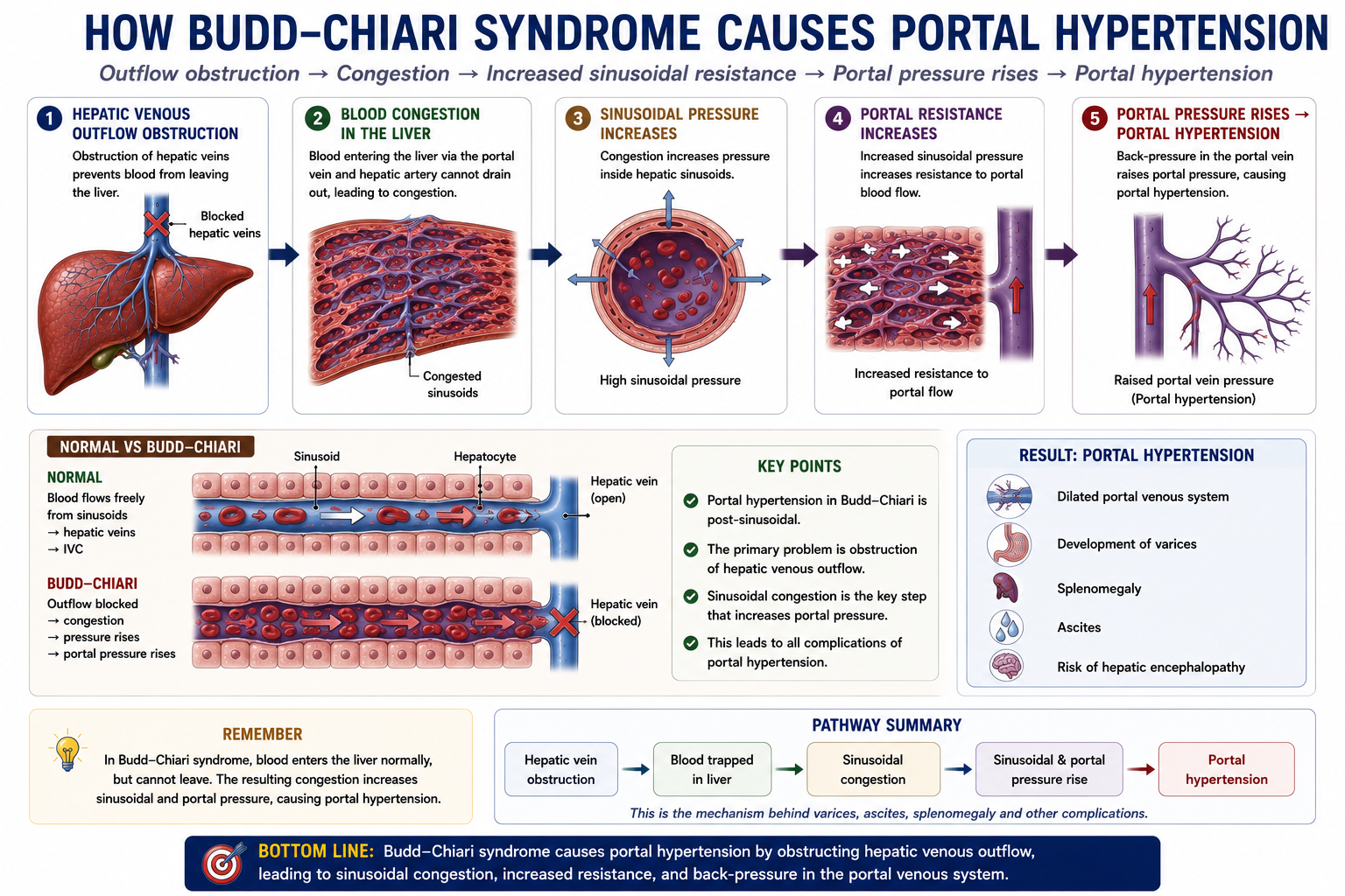 Budd-Chiari syndrome causing portal hypertension through hepatic venous blockage and sinusoidal congestion