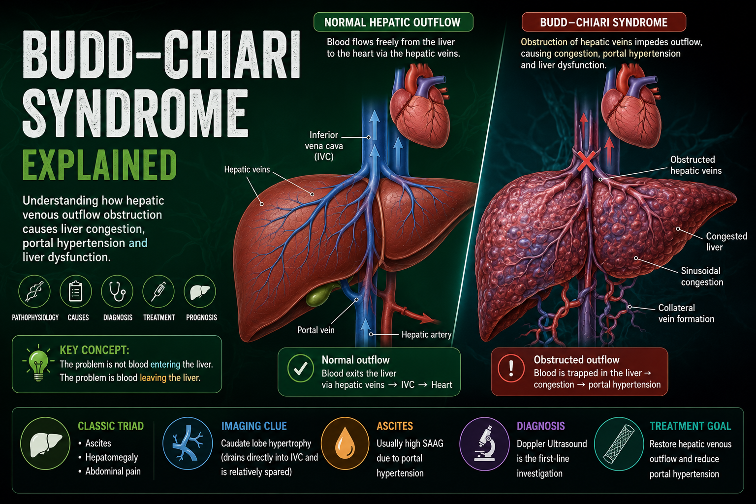 Budd-Chiari syndrome overview showing blocked hepatic venous outflow causing congestion portal hypertension ascites and liver dysfunction