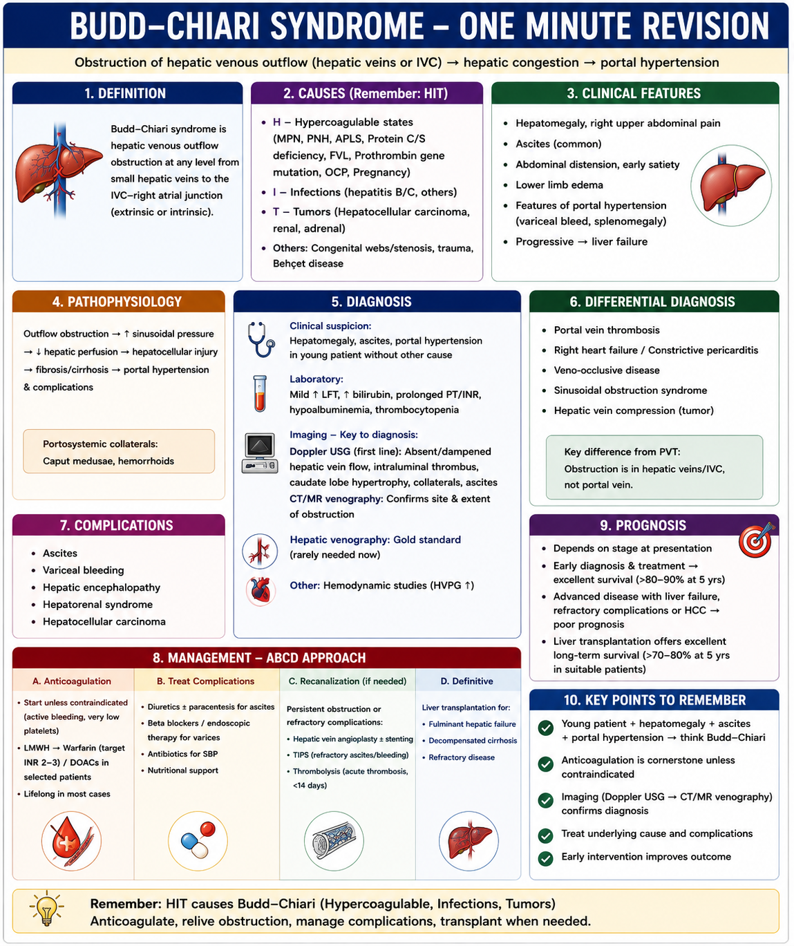 One-minute revision summary of Budd-Chiari syndrome showing hepatic vein obstruction congestion portal hypertension ascites caudate lobe hypertrophy and treatment ladder