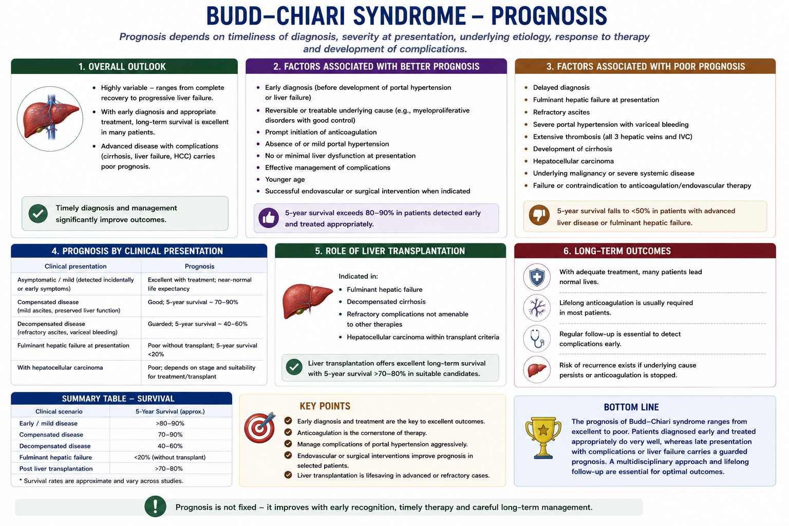 Prognosis in Budd-Chiari syndrome improves with early diagnosis and restoration of hepatic venous outflow