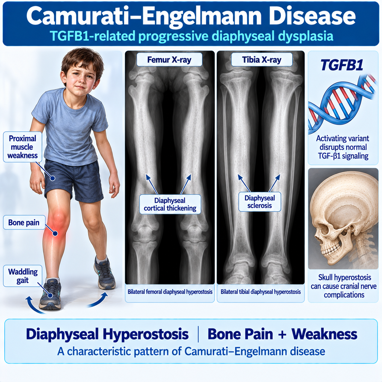 Camurati–Engelmann disease showing TGFB1-related symmetric diaphyseal hyperostosis with bone pain, muscle weakness and waddling gait.