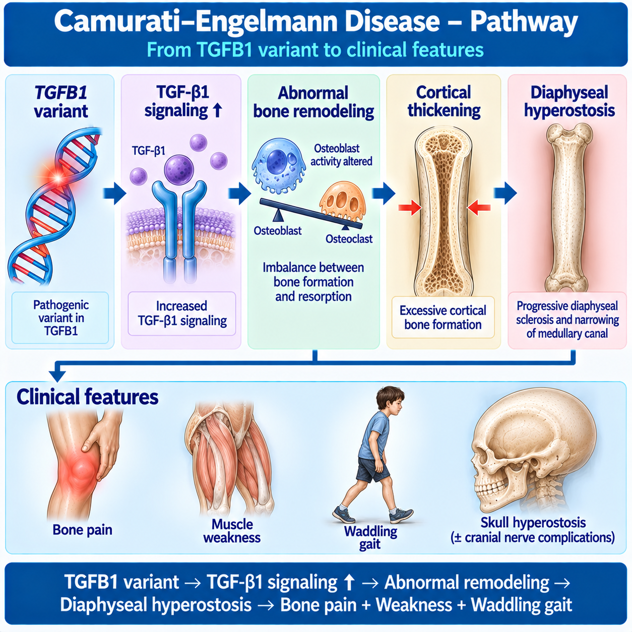 Camurati–Engelmann disease pathway from a TGFB1 pathogenic variant and dysregulated TGF-beta 1 signaling to abnormal remodeling and progressive diaphyseal hyperostosis.