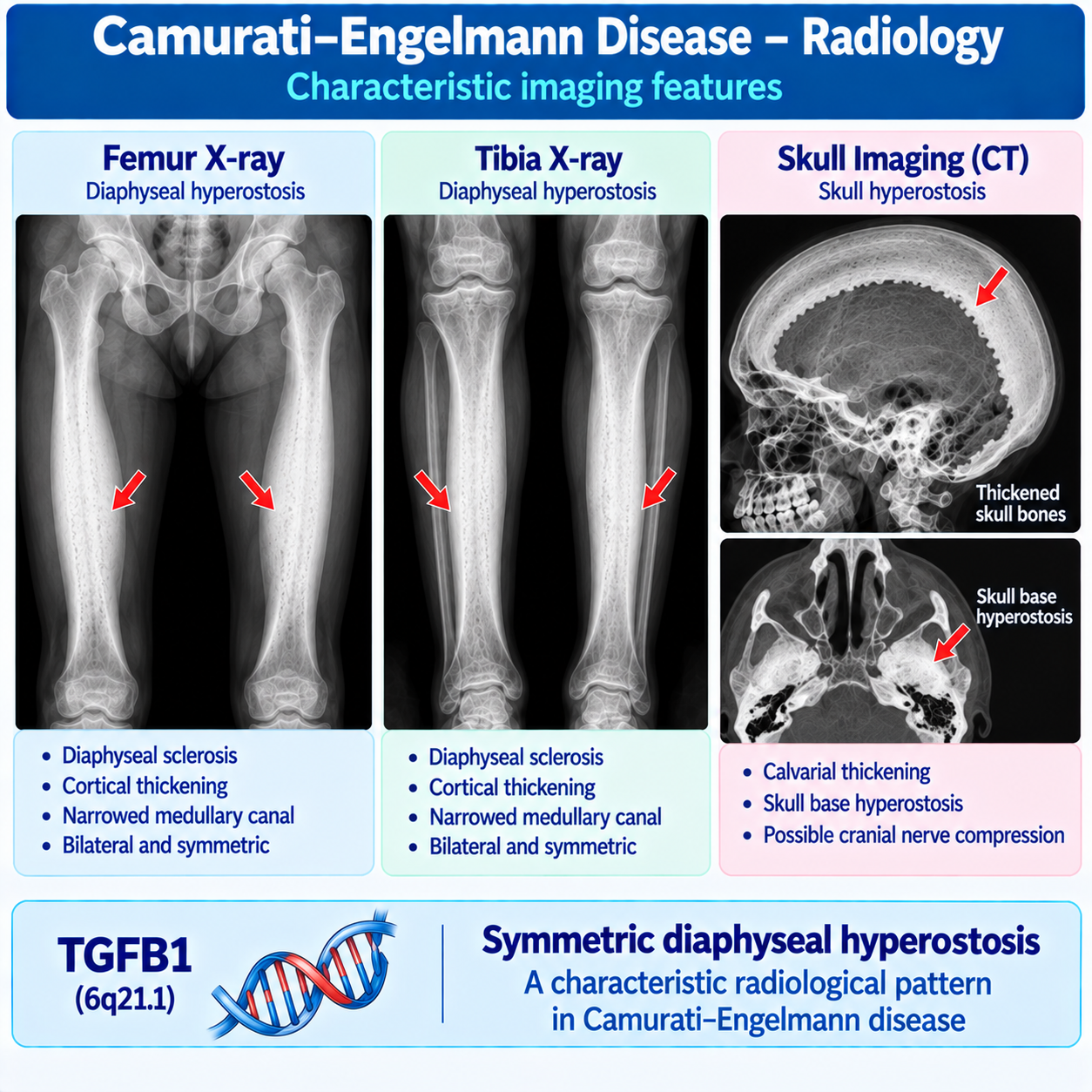 Camurati–Engelmann disease radiology showing bilateral symmetric diaphyseal sclerosis and cortical thickening of long bones with possible skull hyperostosis.