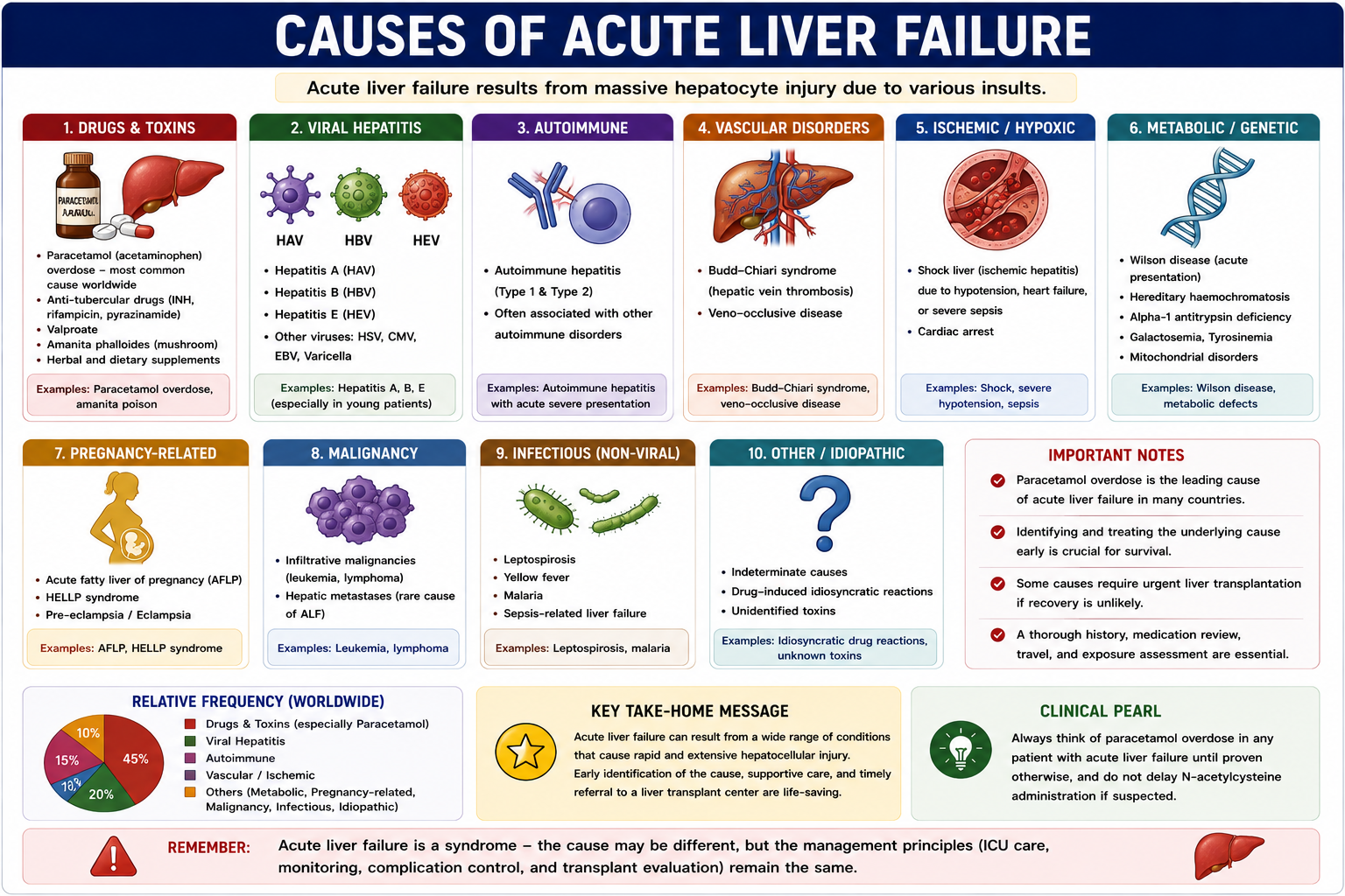 Causes of acute liver failure including paracetamol overdose viral hepatitis autoimmune hepatitis Budd-Chiari shock liver Wilson disease AFLP and HELLP