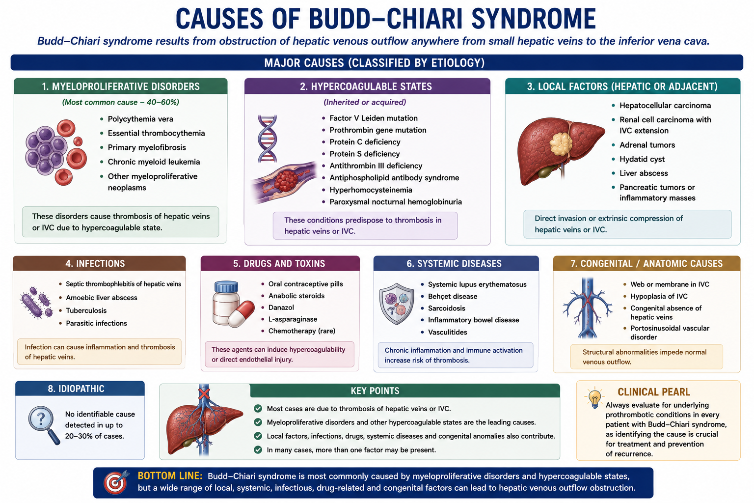 Causes of Budd-Chiari syndrome including myeloproliferative disorders thrombophilia OCP pregnancy malignancy and Behcet disease