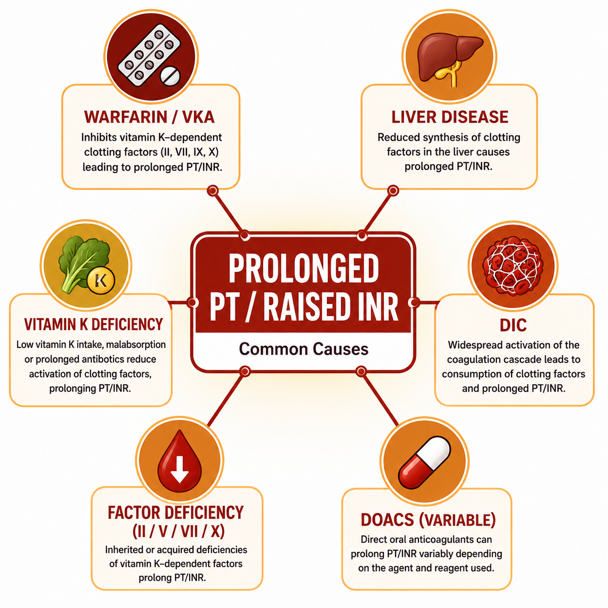 Infographic of common causes of prolonged PT and raised INR including warfarin, liver disease, vitamin K deficiency and DIC