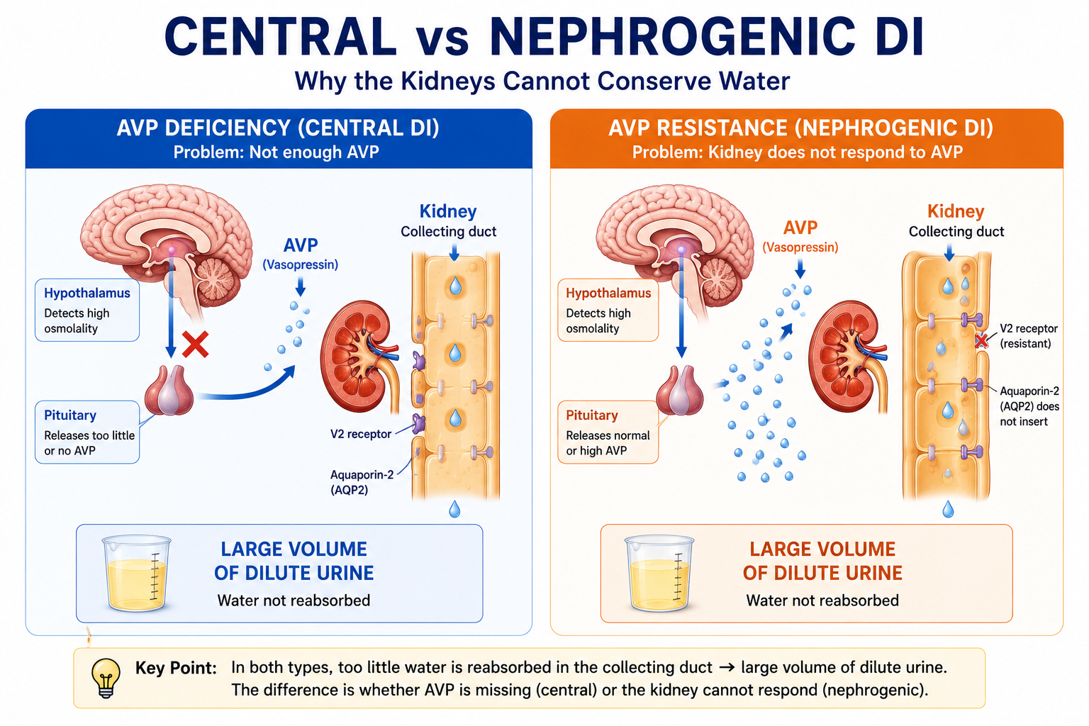 Comparison of central diabetes insipidus caused by AVP deficiency and nephrogenic diabetes insipidus caused by renal AVP resistance
