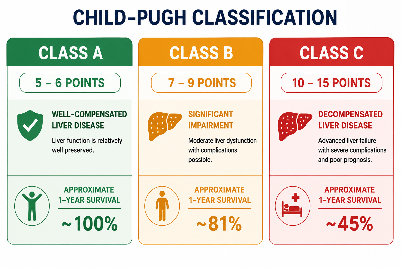 Child-Pugh classification diagram showing Classes A B and C with score ranges and survival data