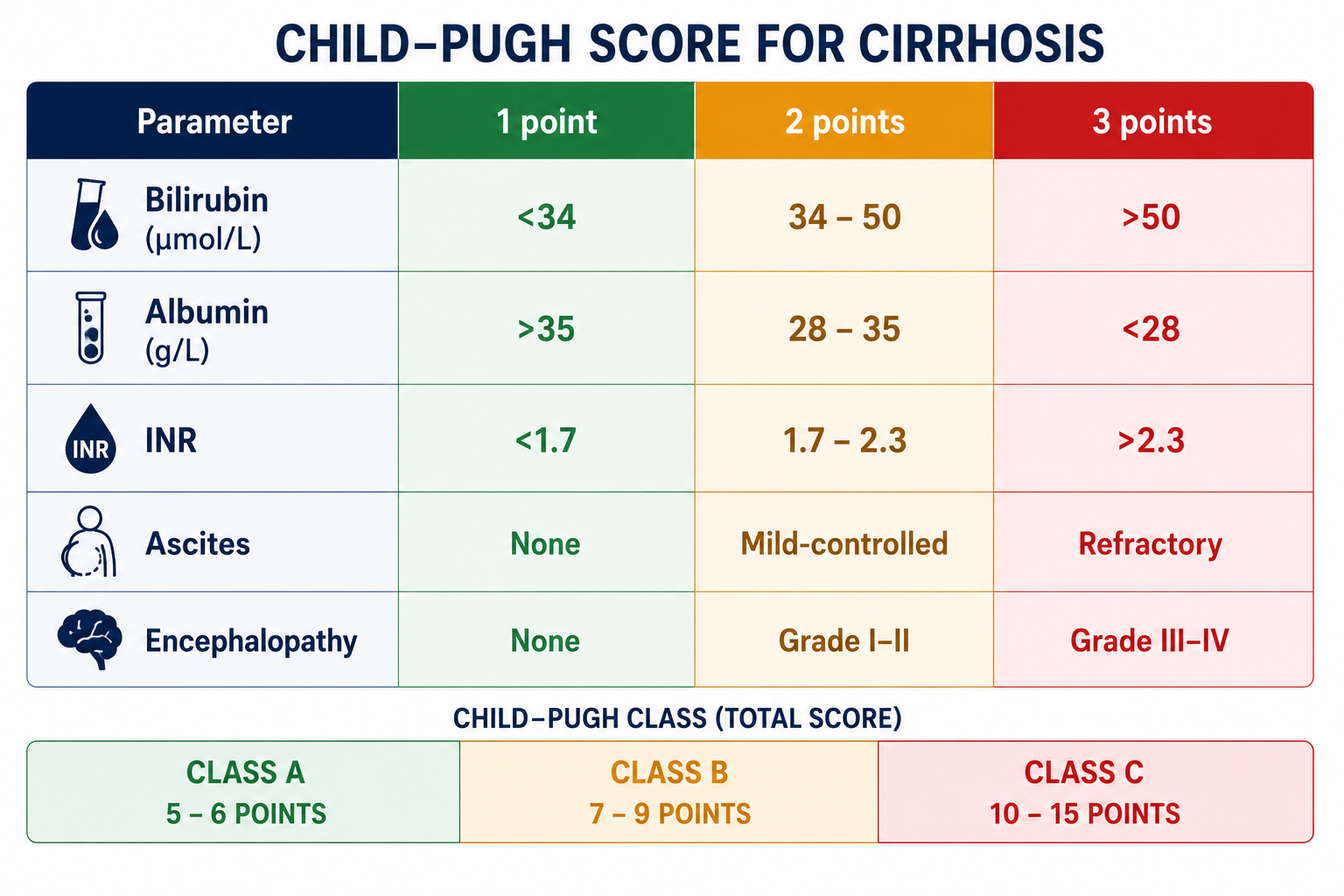 Complete Child-Pugh scoring table showing all five parameters with their 1, 2, and 3-point criteria