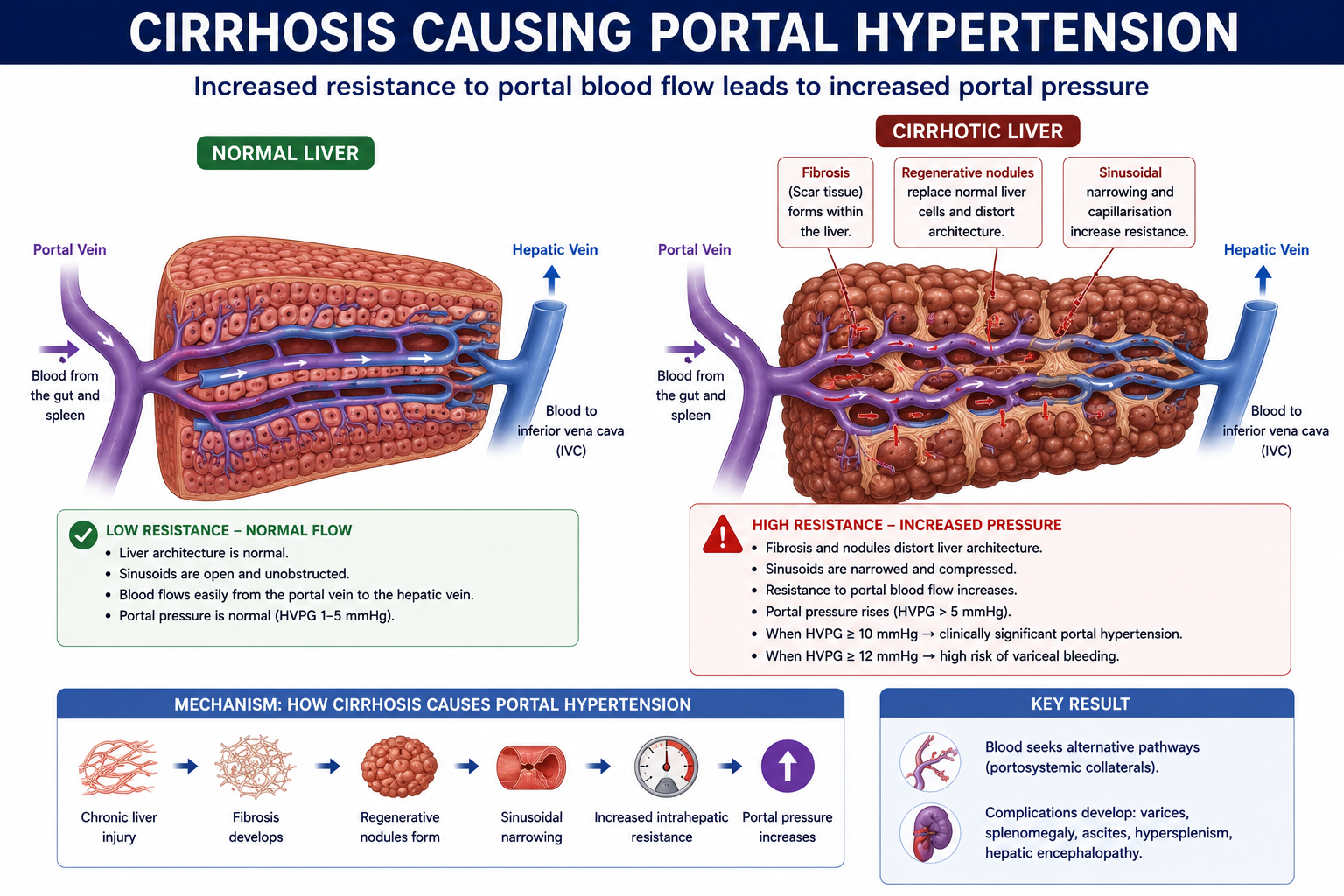Diagram showing how cirrhosis causes portal hypertension through fibrosis, regenerative nodules and sinusoidal vascular dysfunction