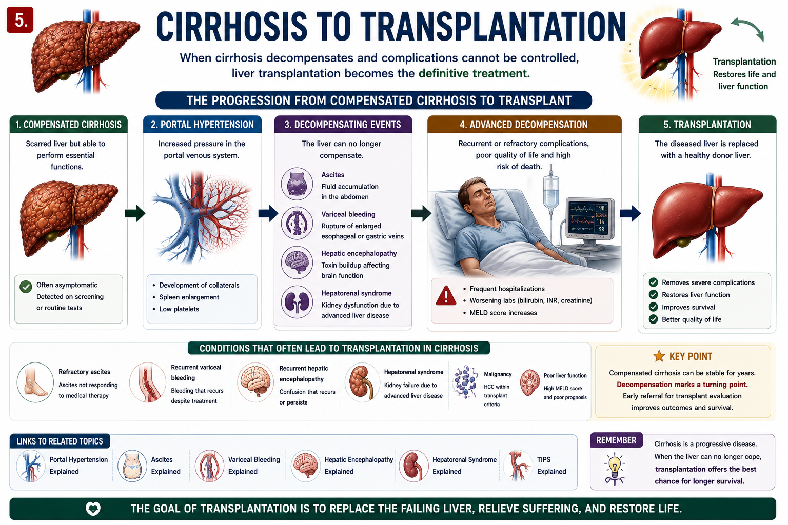 Cirrhosis to liver transplant pathway showing portal hypertension ascites varices encephalopathy hepatorenal syndrome decompensation and transplantation