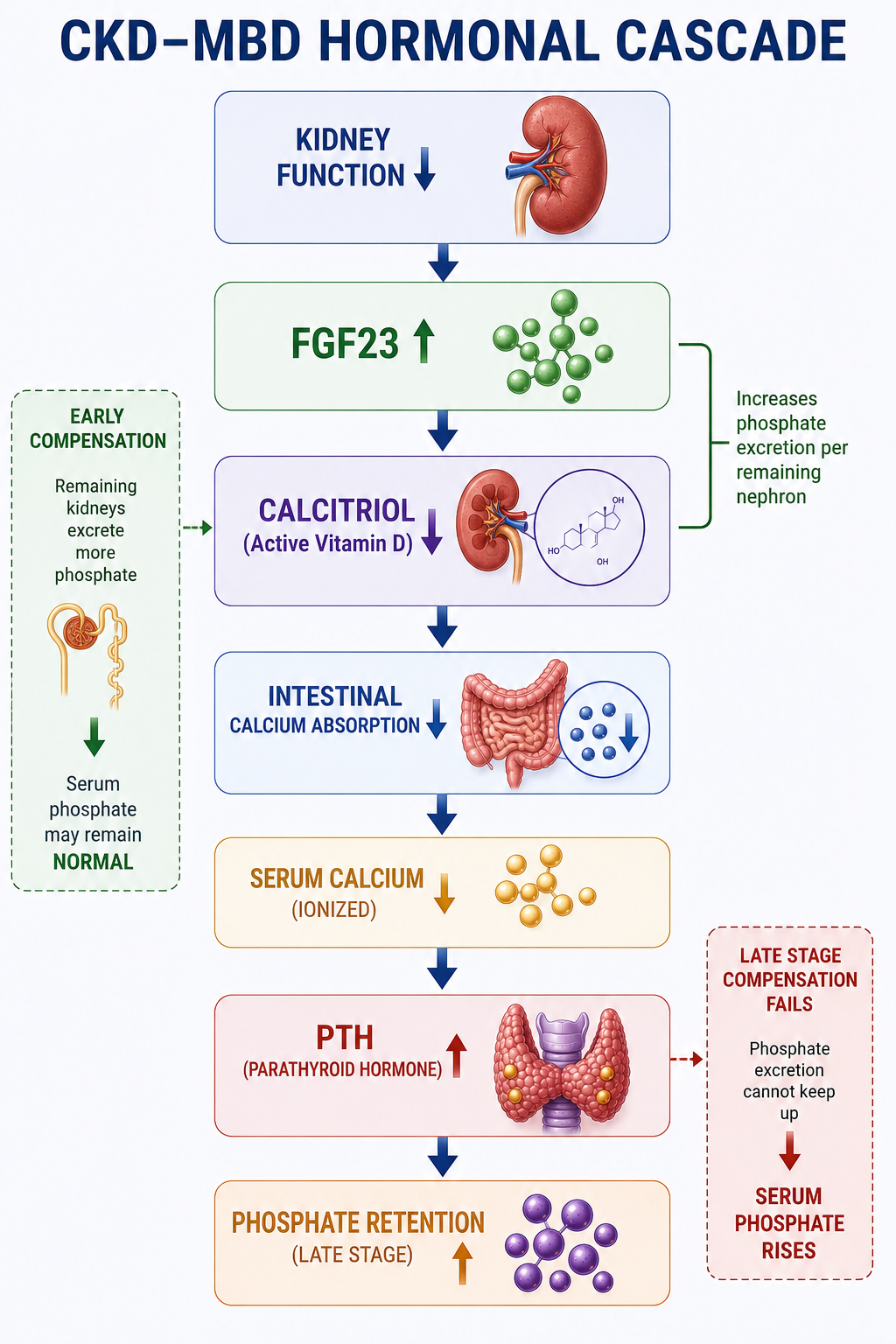Diagram showing declining kidney function increasing FGF23, reducing calcitriol and calcium availability, increasing PTH, and eventually causing phosphate retention in advanced CKD.