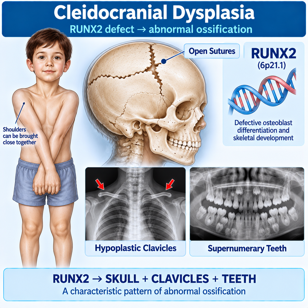 Cleidocranial dysplasia showing RUNX2-related open cranial sutures, hypoplastic clavicles and supernumerary teeth.