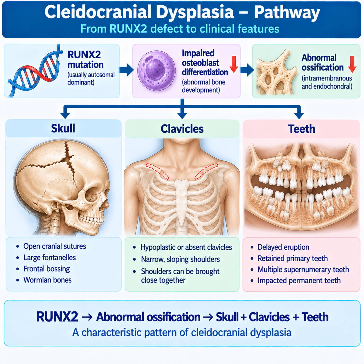 RUNX2 pathway in cleidocranial dysplasia showing impaired osteoblast differentiation and abnormalities of the skull, clavicles and teeth.