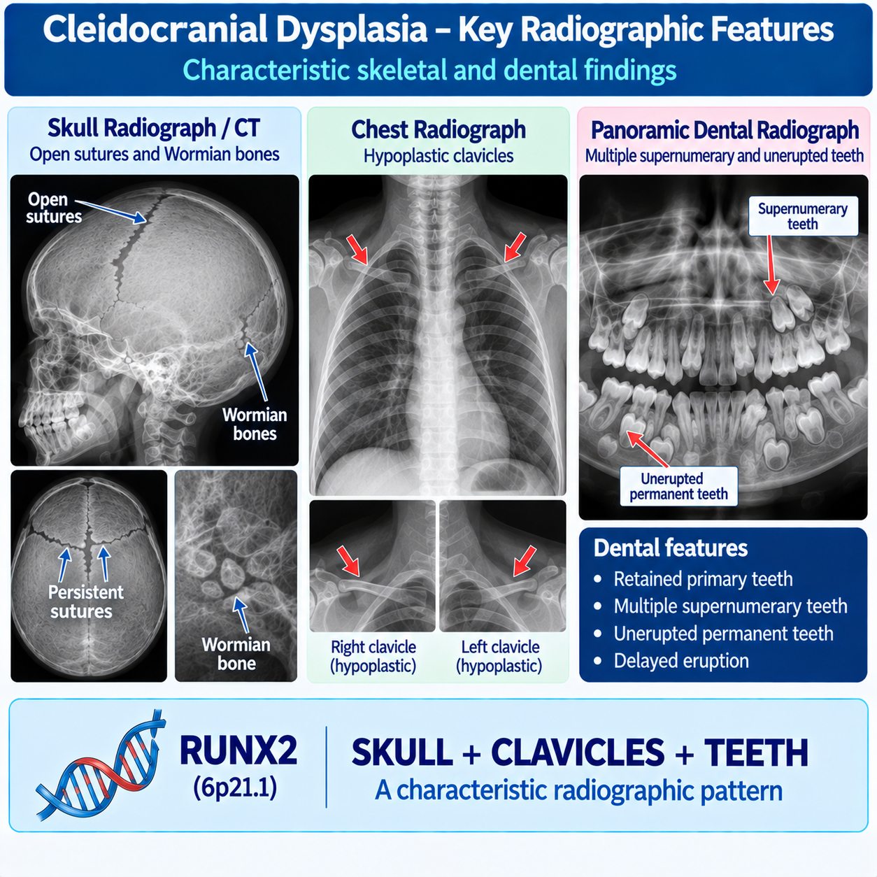 Radiographic features of cleidocranial dysplasia including open cranial sutures, hypoplastic clavicles and multiple supernumerary unerupted teeth.