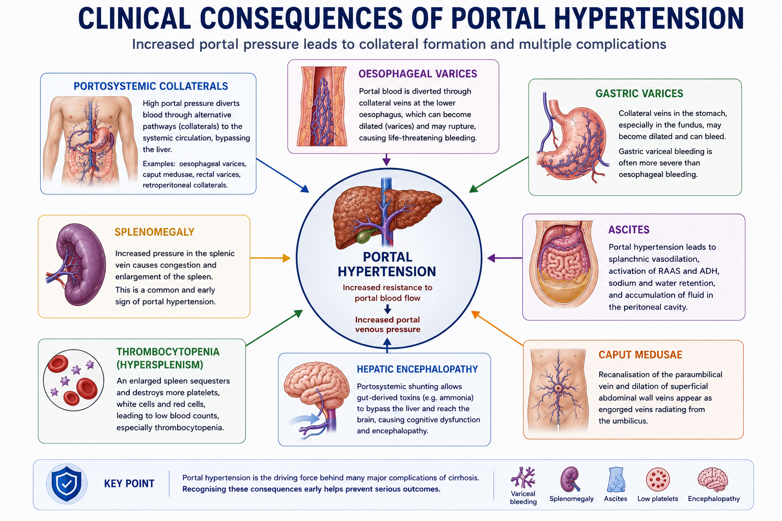 Diagram of major clinical consequences of portal hypertension including varices splenomegaly ascites thrombocytopenia and portosystemic shunting