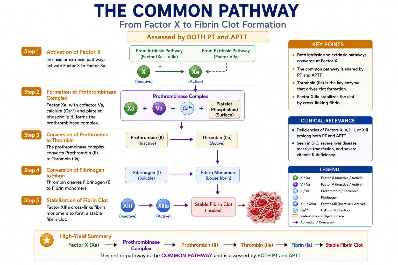 Diagram of the common coagulation pathway showing Factor X activation of prothrombin to thrombin, fibrinogen to fibrin, forming a stable clot