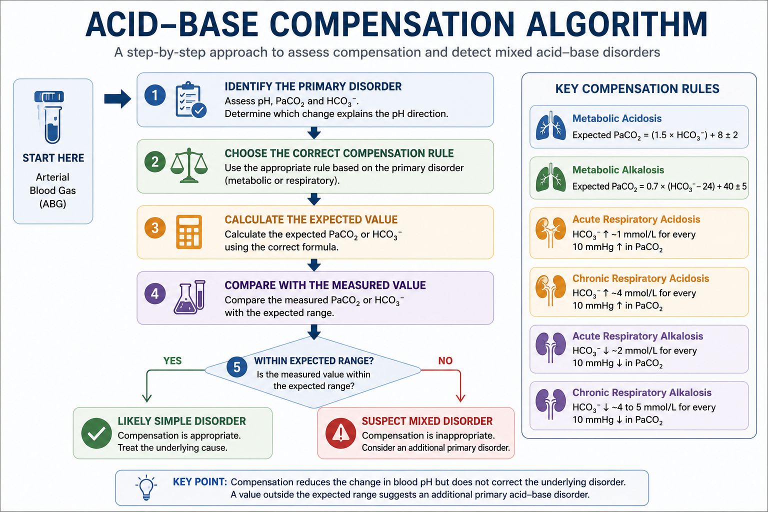 Simple ABG interpretation workflow from identifying the primary disorder to calculating expected compensation and detecting mixed disorders