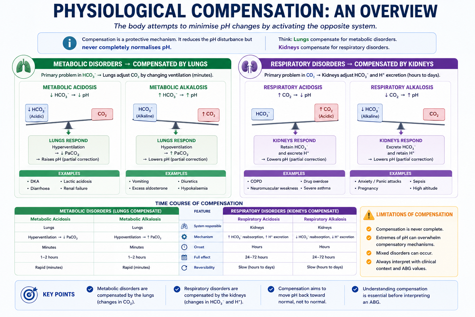 Overview of compensation showing lungs compensate metabolic disorders and kidneys compensate respiratory disorders