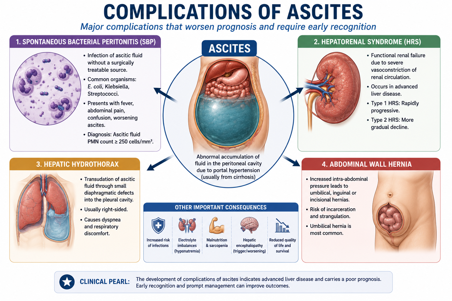 Diagram showing major complications of ascites including spontaneous bacterial peritonitis hepatorenal syndrome hepatic hydrothorax and umbilical hernias