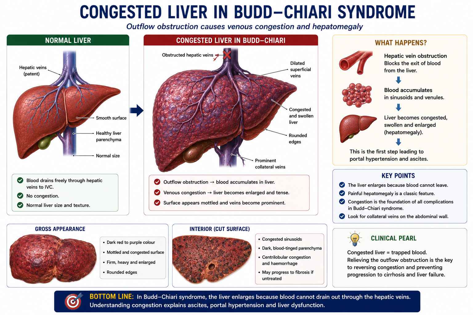 Congested enlarged liver in Budd-Chiari syndrome caused by blocked hepatic venous drainage