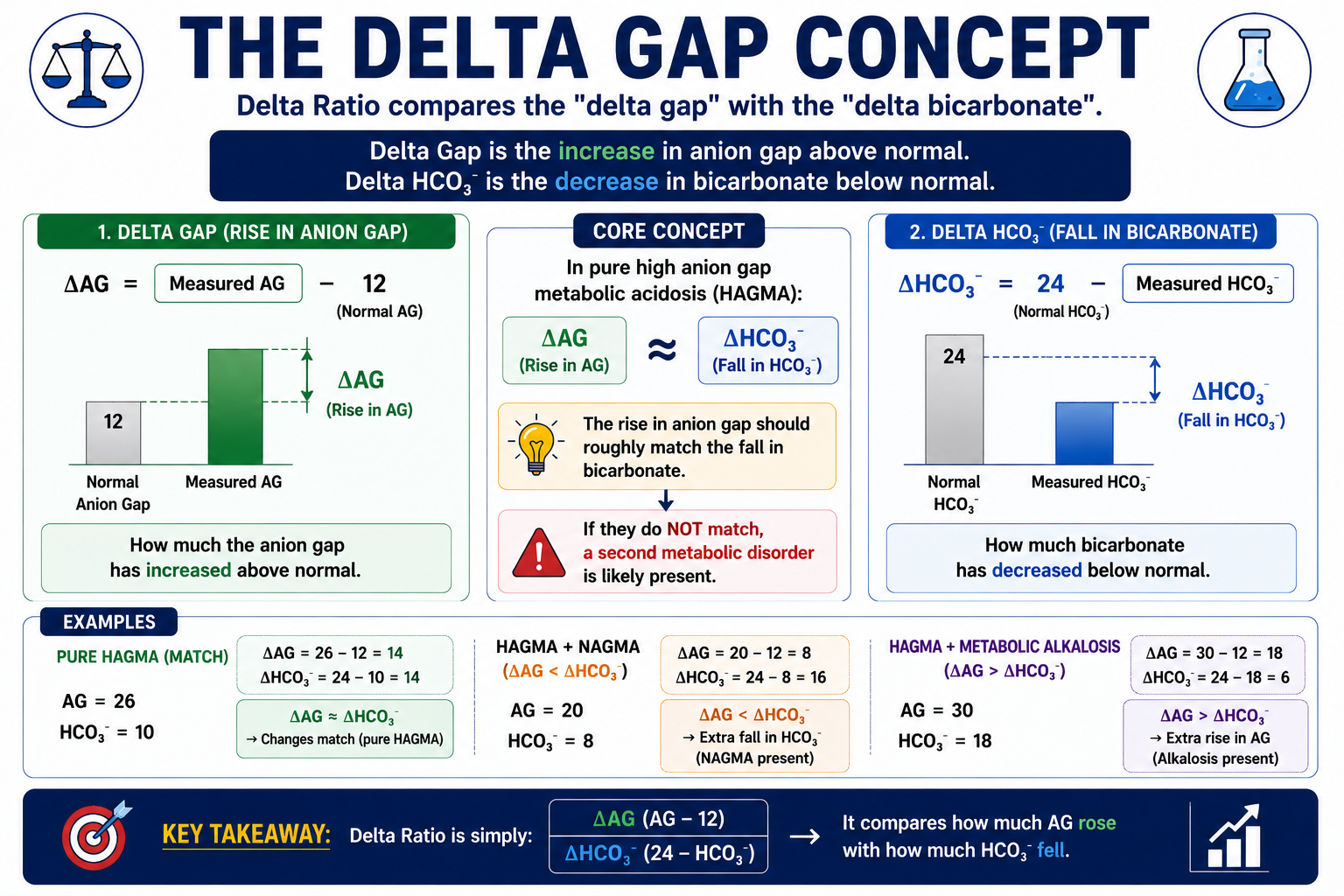 Delta gap concept comparing delta anion gap with delta bicarbonate