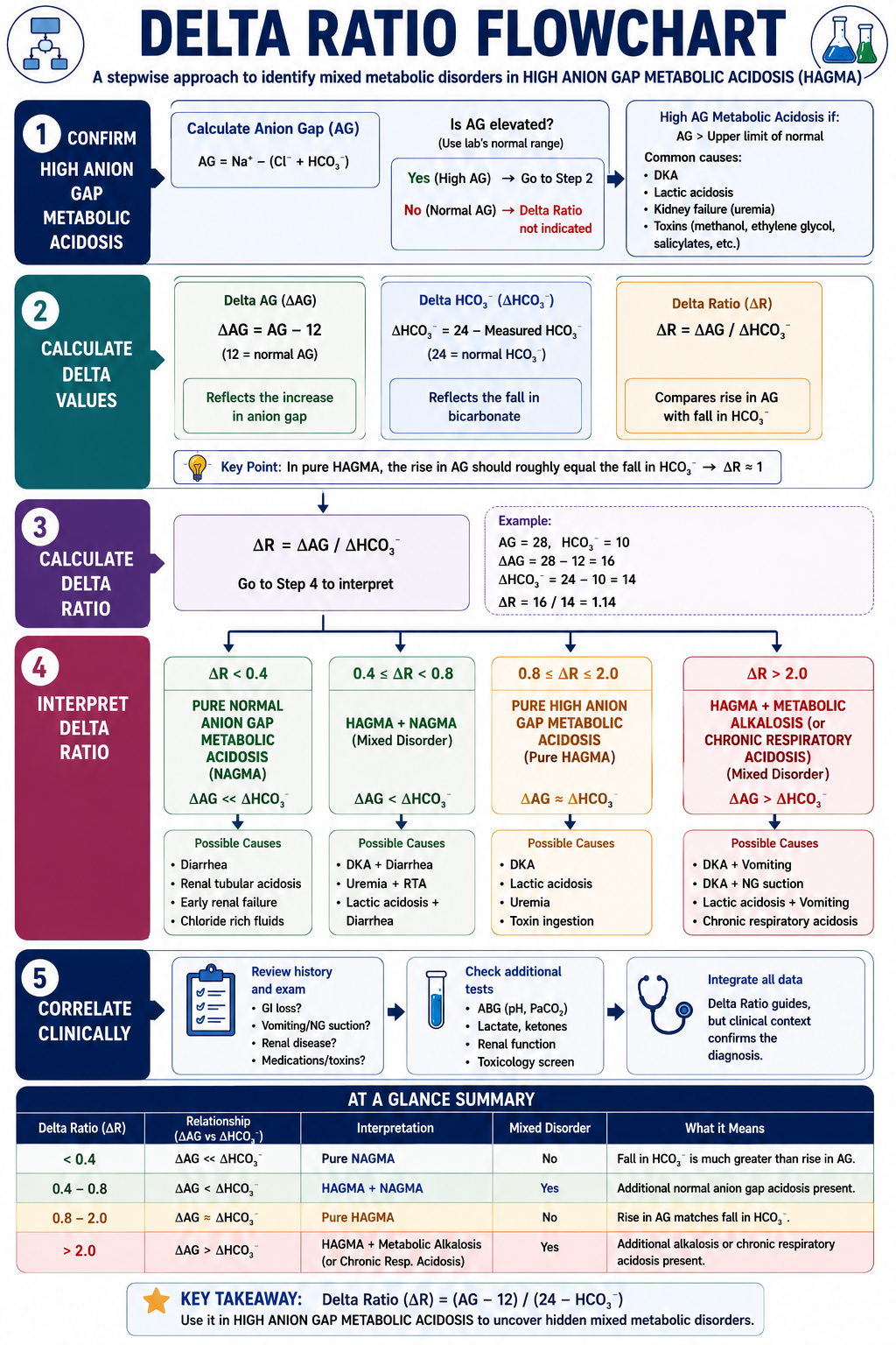 Stepwise delta ratio interpretation algorithm for high anion gap metabolic acidosis
