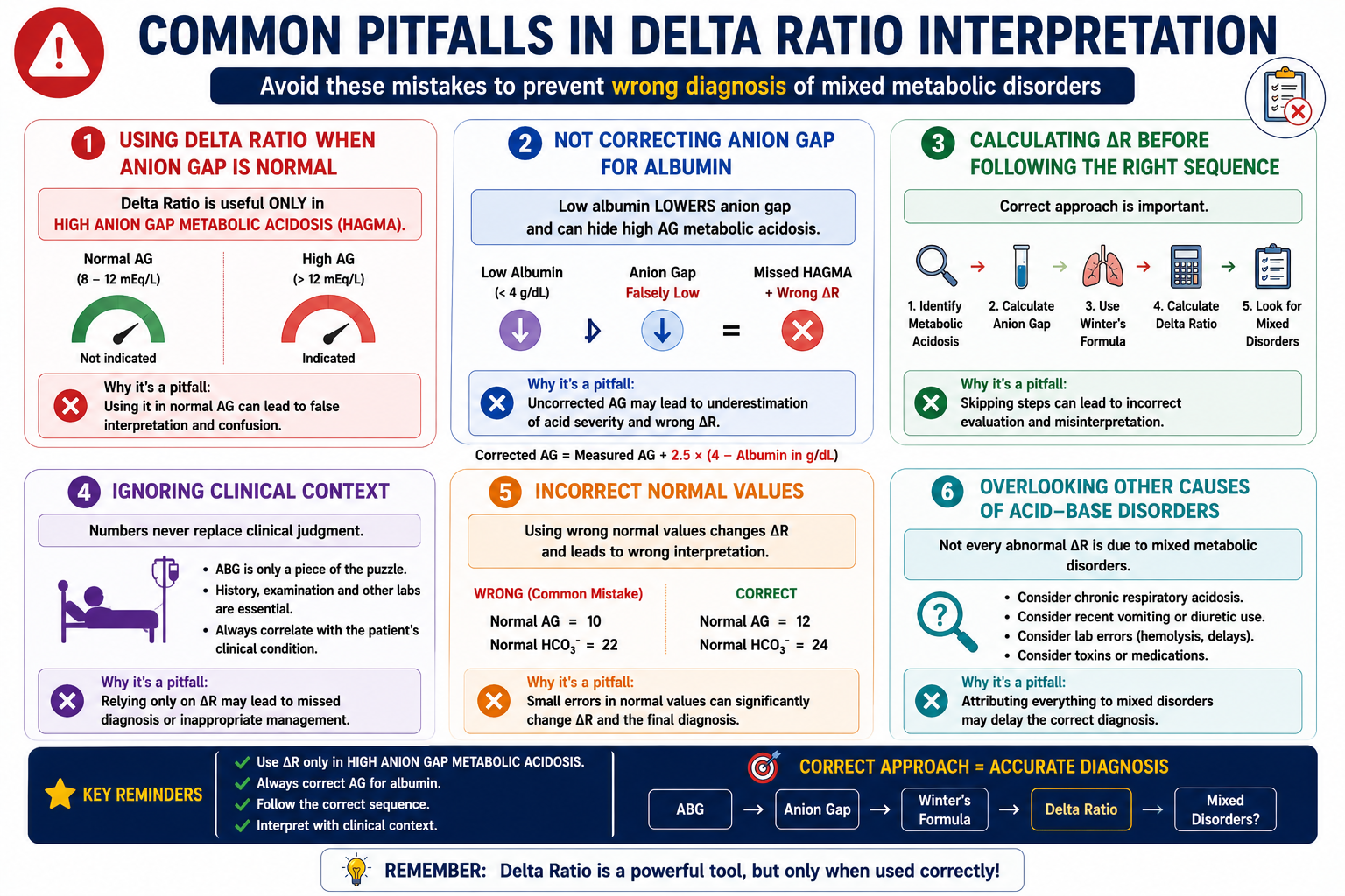 Common delta ratio pitfalls including normal anion gap low albumin and wrong sequence
