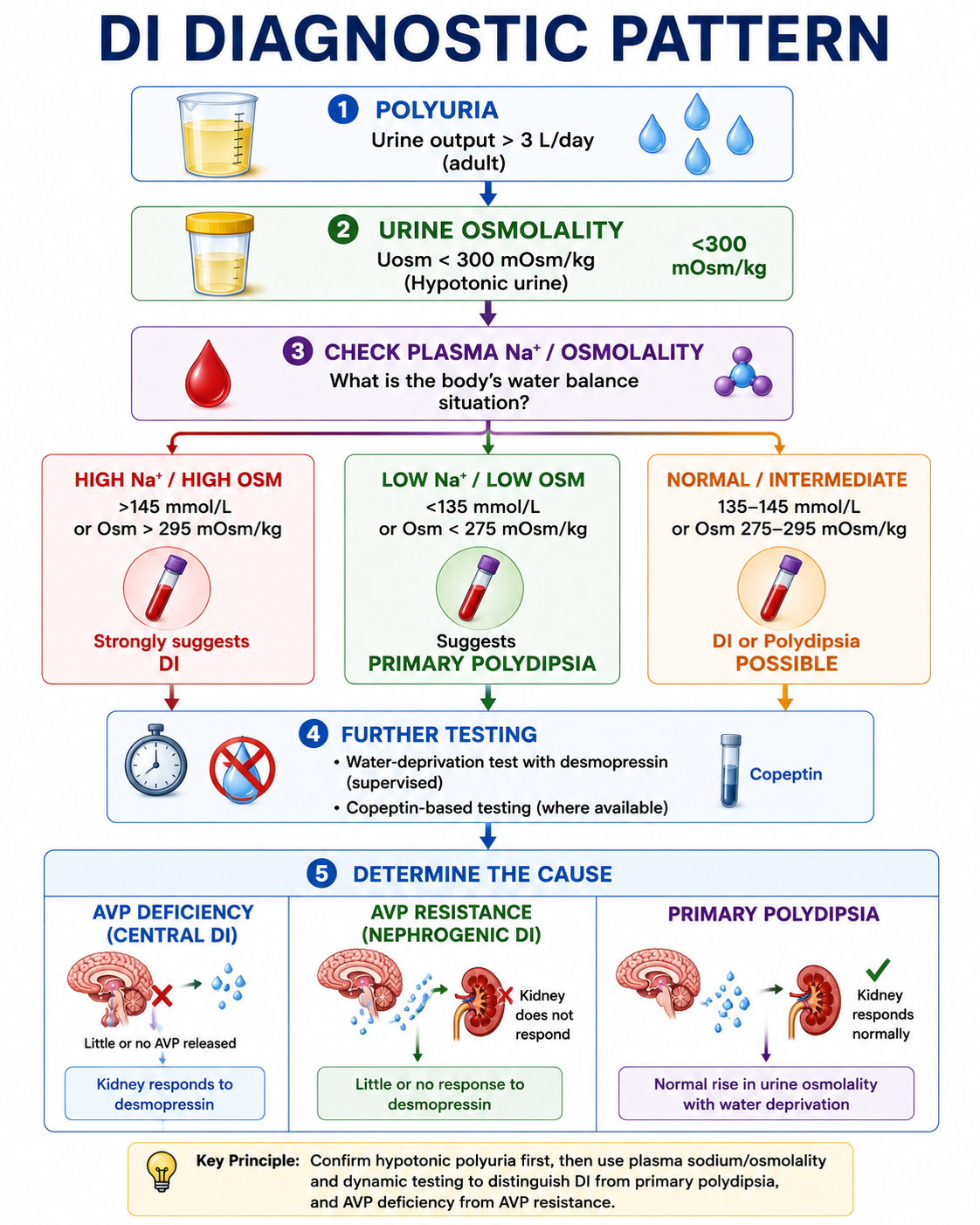 Diagnostic approach to hypotonic polyuria using urine osmolality and plasma sodium or osmolality to evaluate diabetes insipidus and primary polydipsia