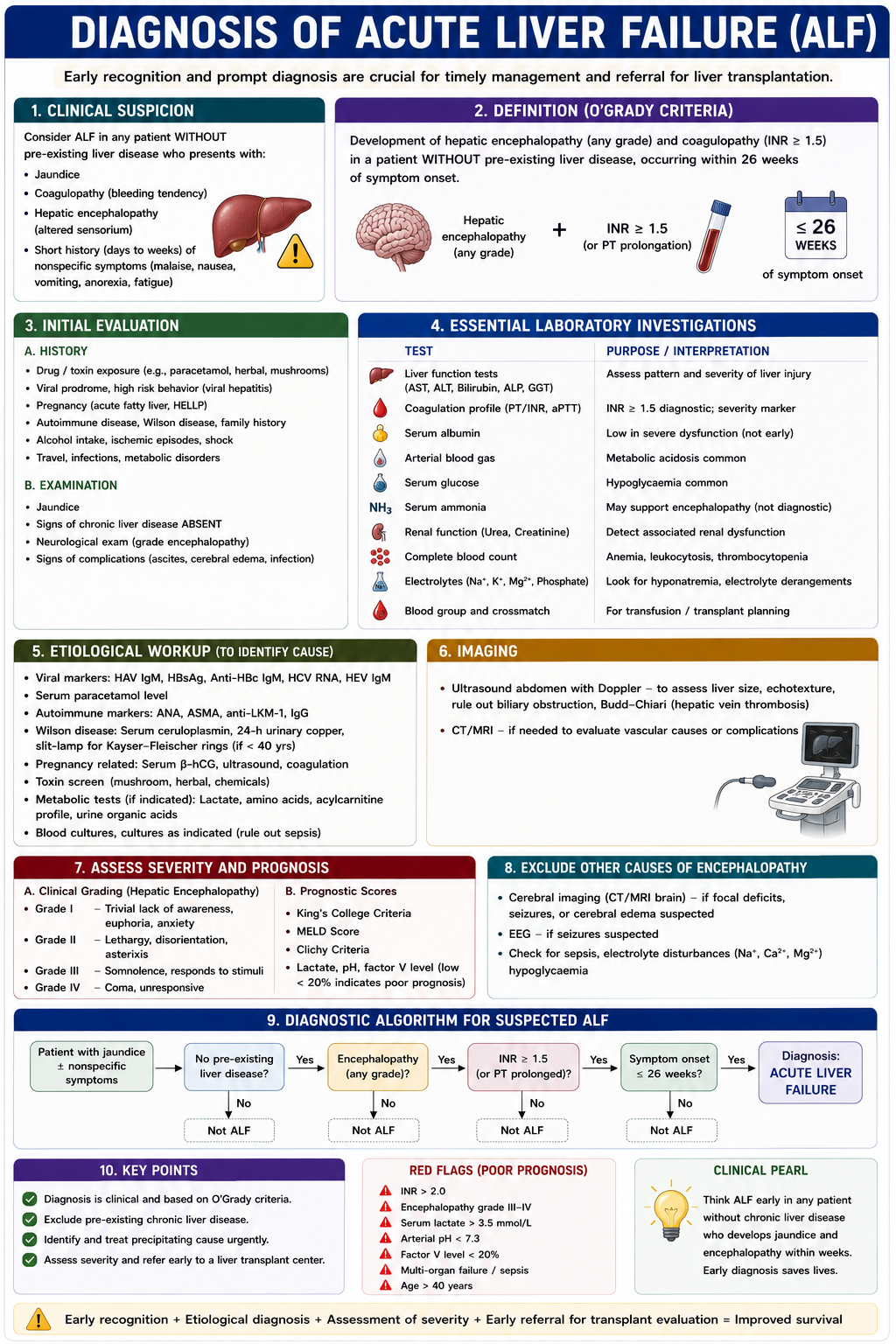 Diagnosis of acute liver failure showing acute liver injury INR above 1.5 encephalopathy no cirrhosis and urgent investigations