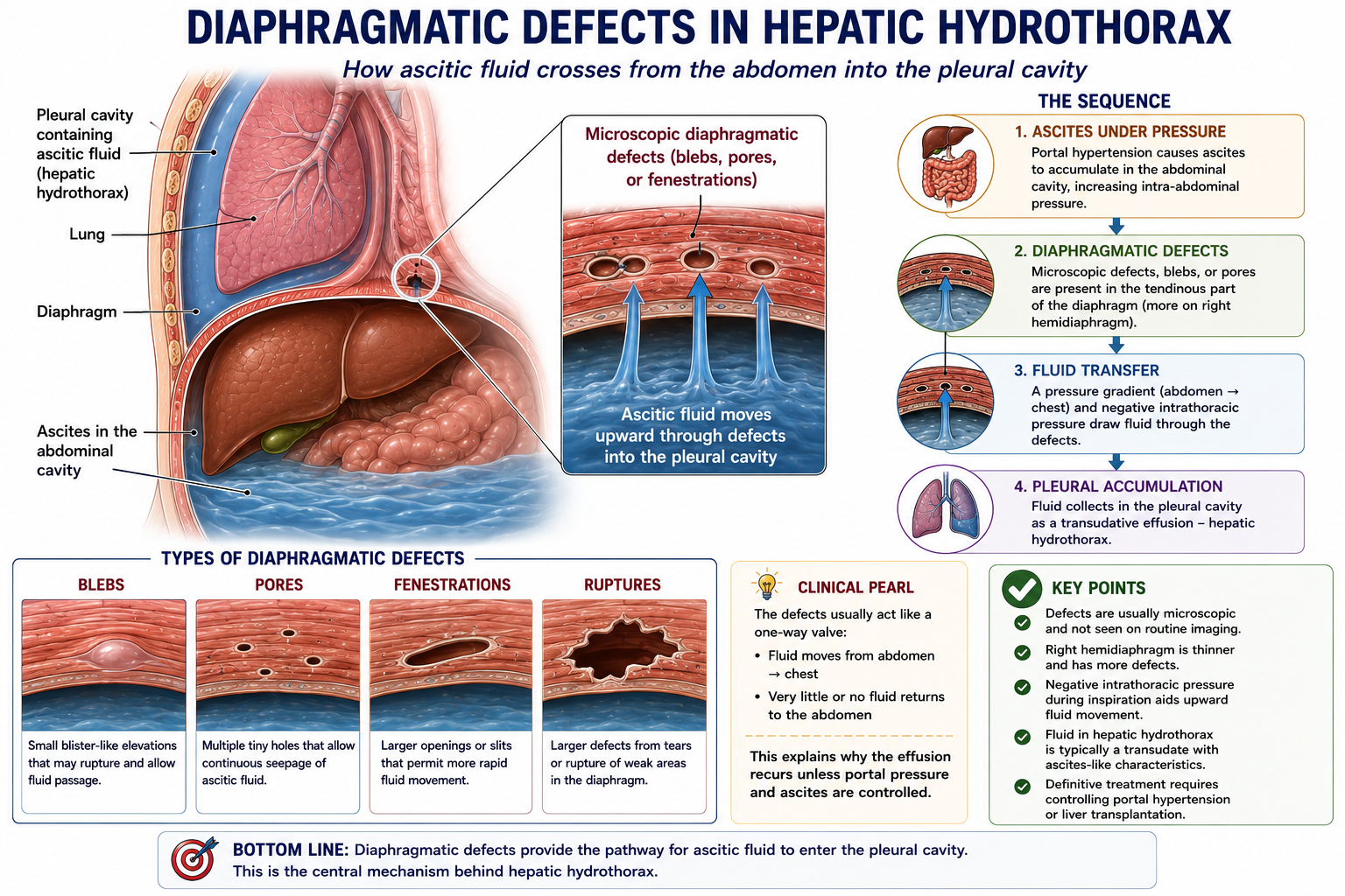 Diagram showing ascitic fluid crossing microscopic diaphragmatic defects blebs pores and fenestrations into the pleural cavity in hepatic hydrothorax