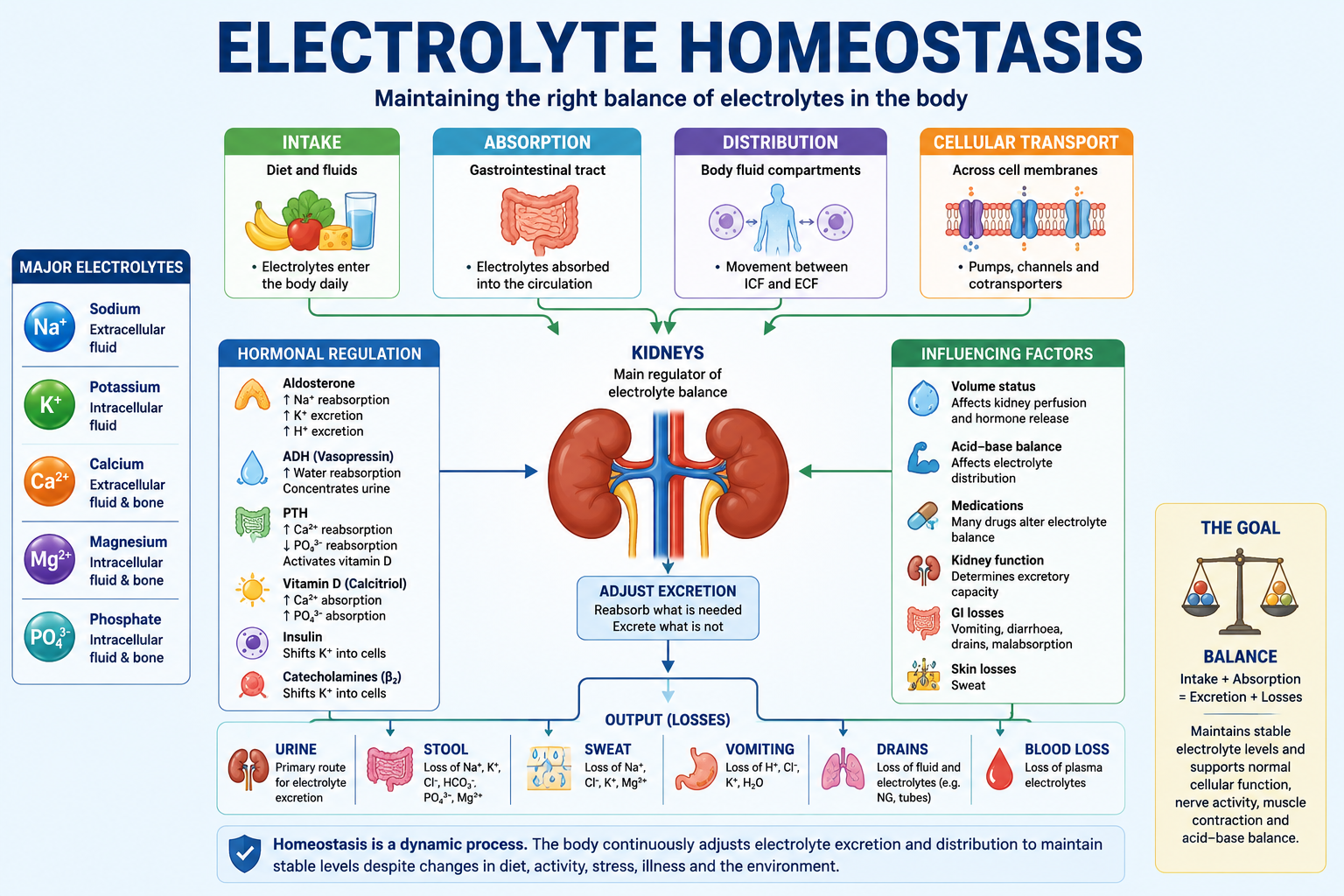 Overview of hormonal regulation of electrolyte homeostasis including aldosterone ADH PTH and vitamin D