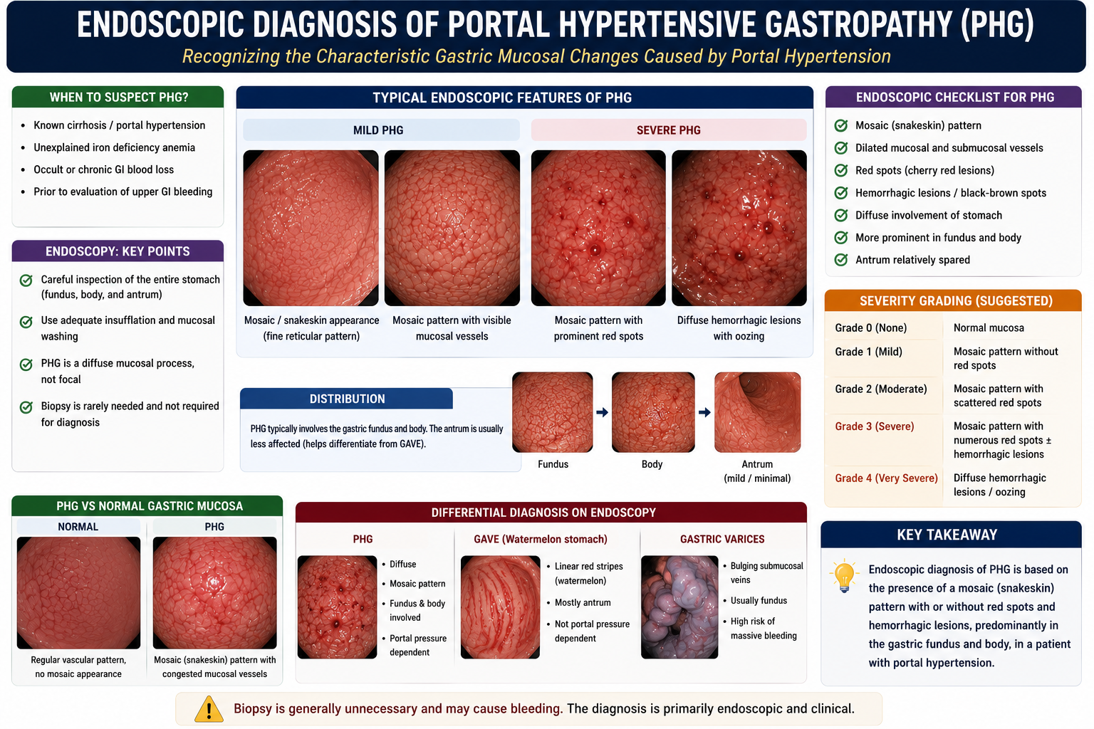 Diagram showing endoscopic diagnosis of portal hypertensive gastropathy with diffuse fundus and body distribution mosaic pattern reticular markings and in severe disease red spots confirming PHG