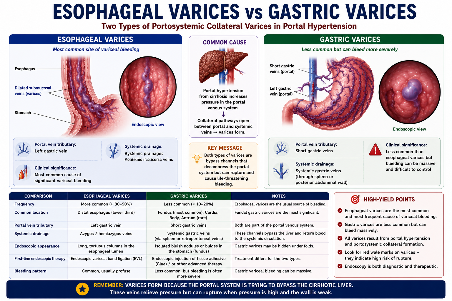 Comparison diagram showing esophageal varices at the distal esophagus and gastric varices at the fundus and cardia with different endoscopic appearances and treatment approaches