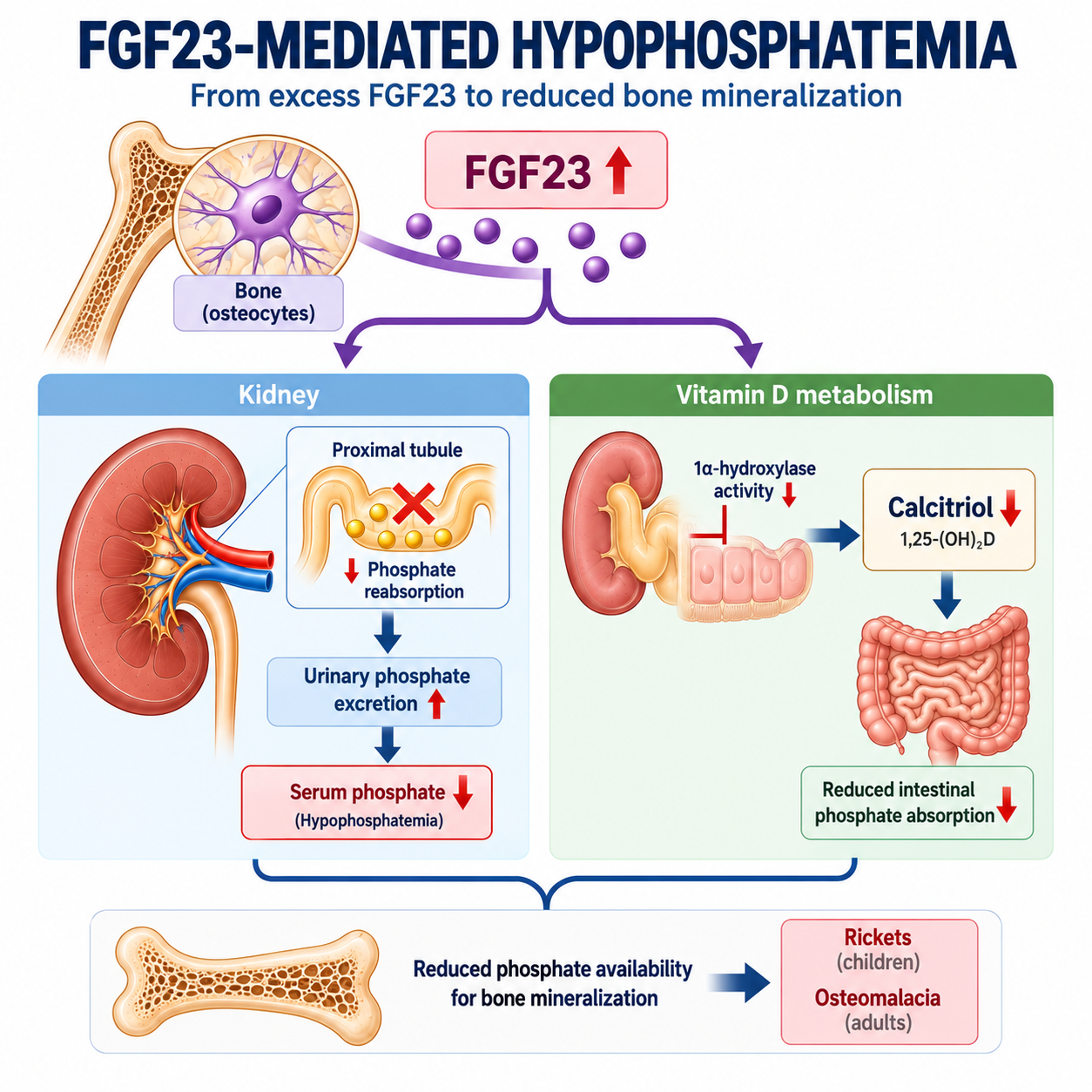 Diagram showing excessive FGF23 causing reduced renal phosphate reabsorption, hypophosphatemia, reduced calcitriol and impaired bone mineralization.