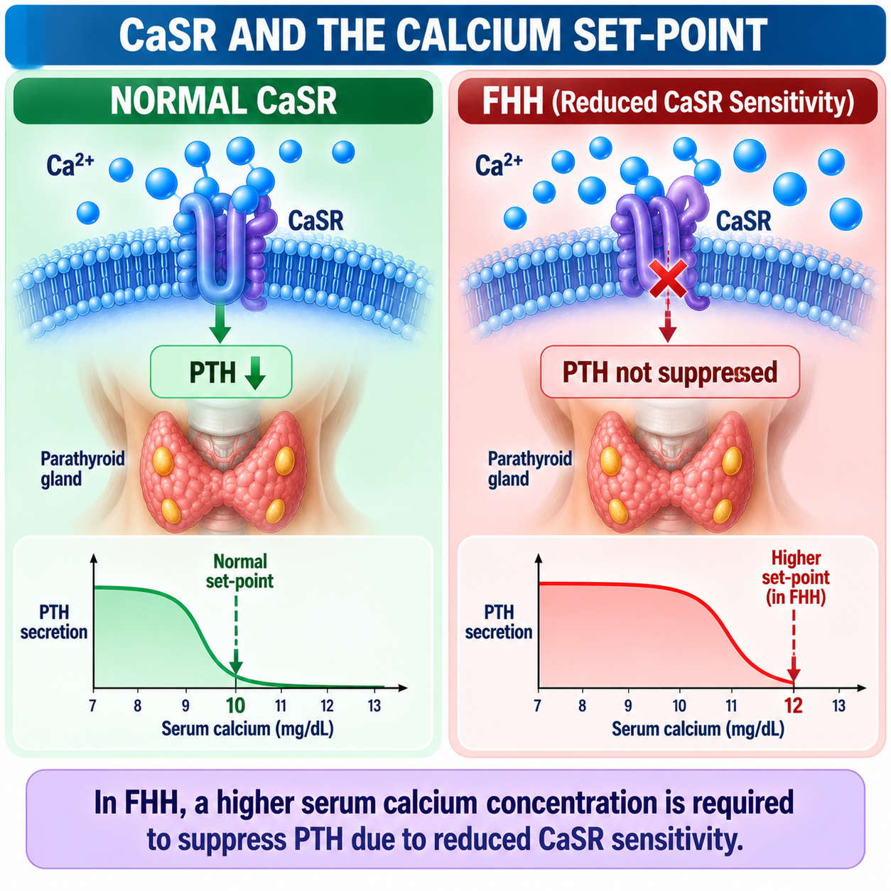 Diagram comparing normal calcium-sensing receptor physiology with the higher calcium set-point in familial hypocalciuric hypercalcemia.