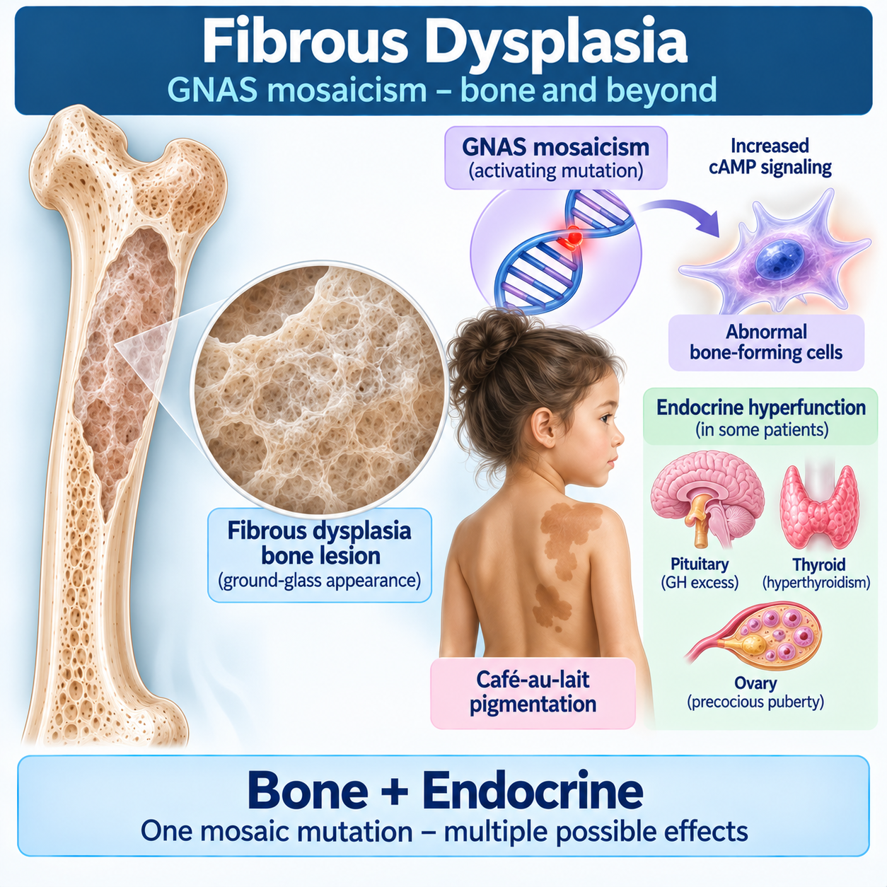 Fibrous dysplasia and McCune-Albright syndrome showing mosaic GNAS activation, abnormal bone lesion and endocrine involvement.