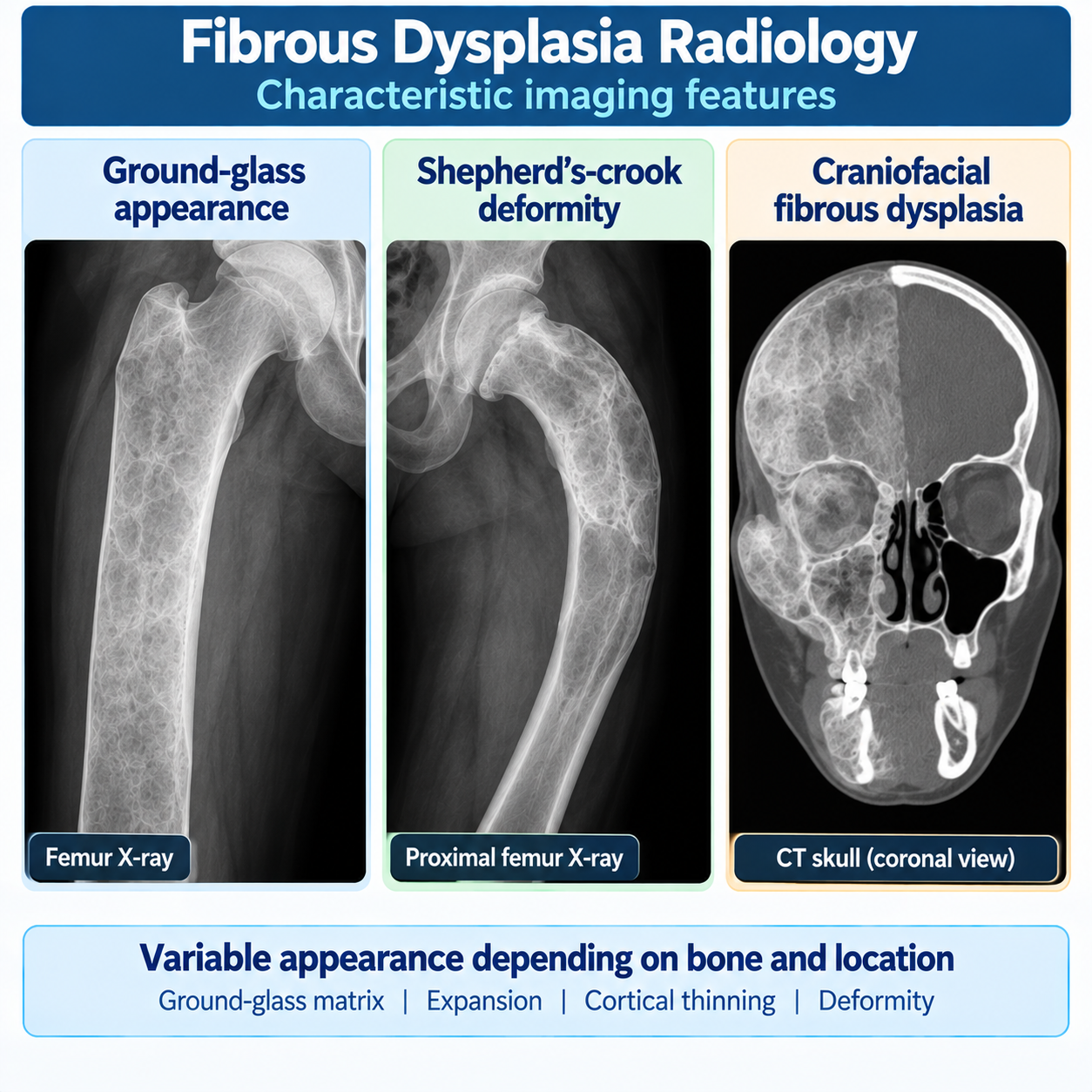 Fibrous dysplasia radiology showing ground-glass bone lesion, shepherd's-crook proximal femoral deformity and craniofacial fibrous dysplasia.