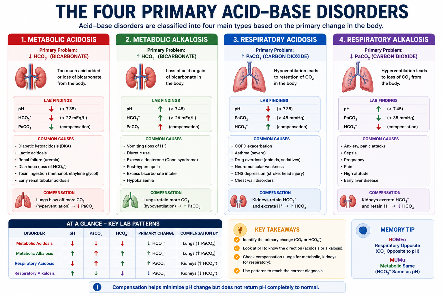 Four primary acid-base disorders showing metabolic acidosis metabolic alkalosis respiratory acidosis and respiratory alkalosis